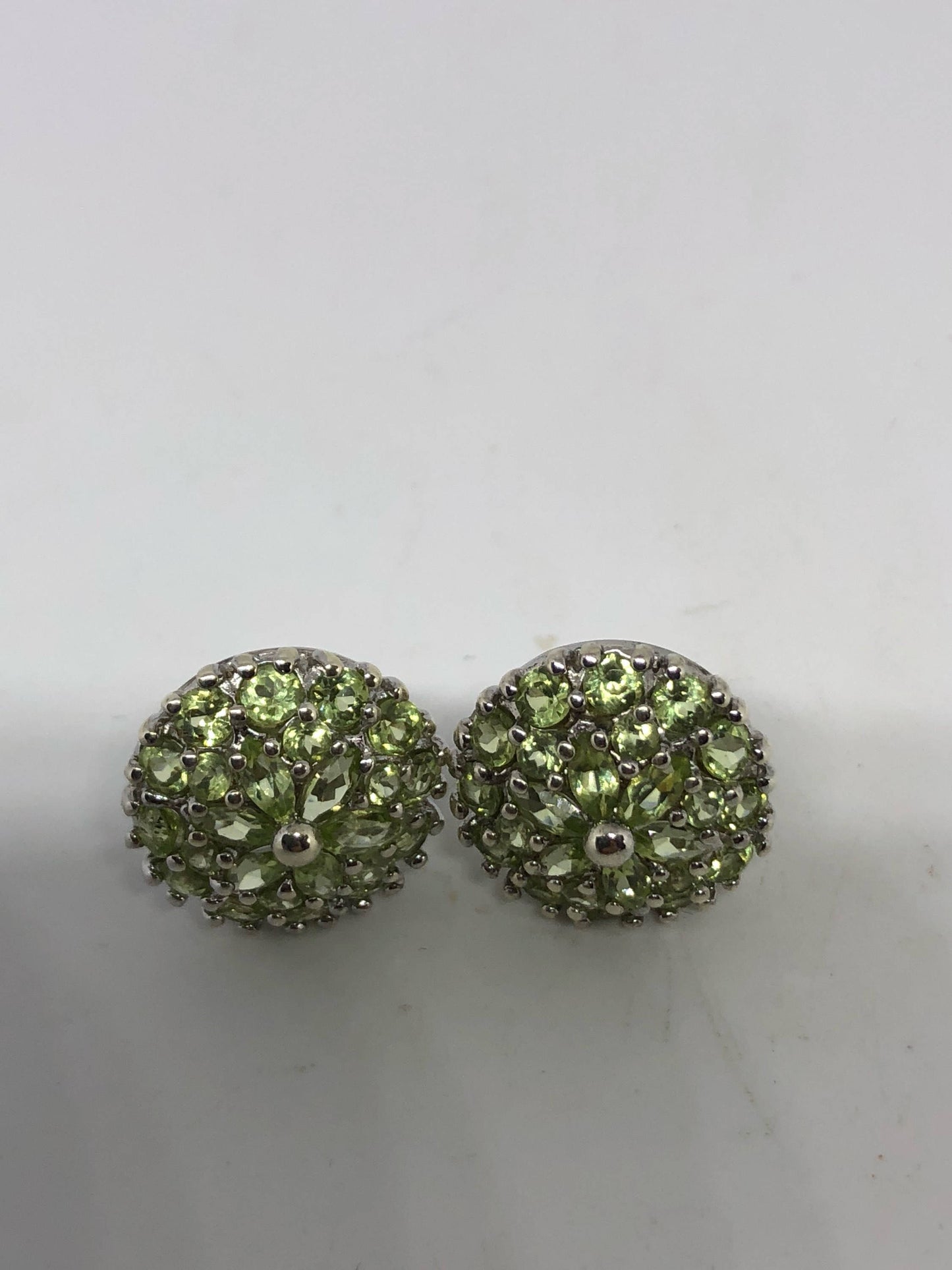 Vintage Handmade Sterling Silver Genuine Green Peridot Stud button Earrings