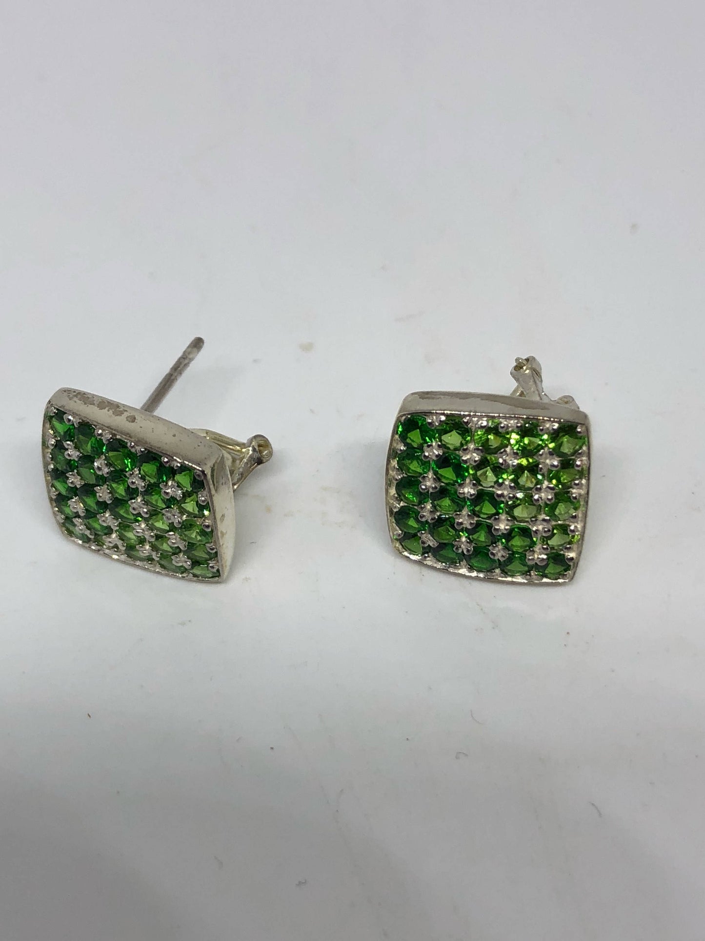 Vintage Handmade Sterling Silver genuine green peridot and chrome diopside stud button earrings