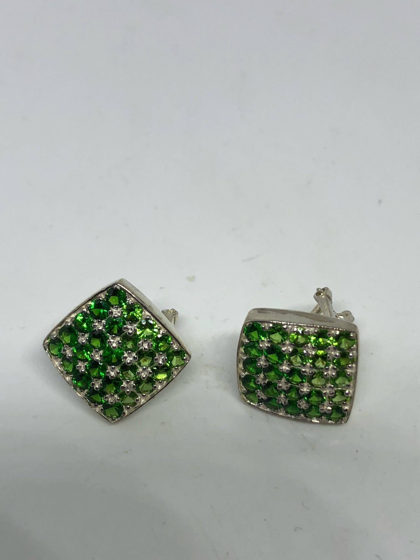 Vintage Handmade Sterling Silver genuine green peridot and chrome diopside stud button earrings