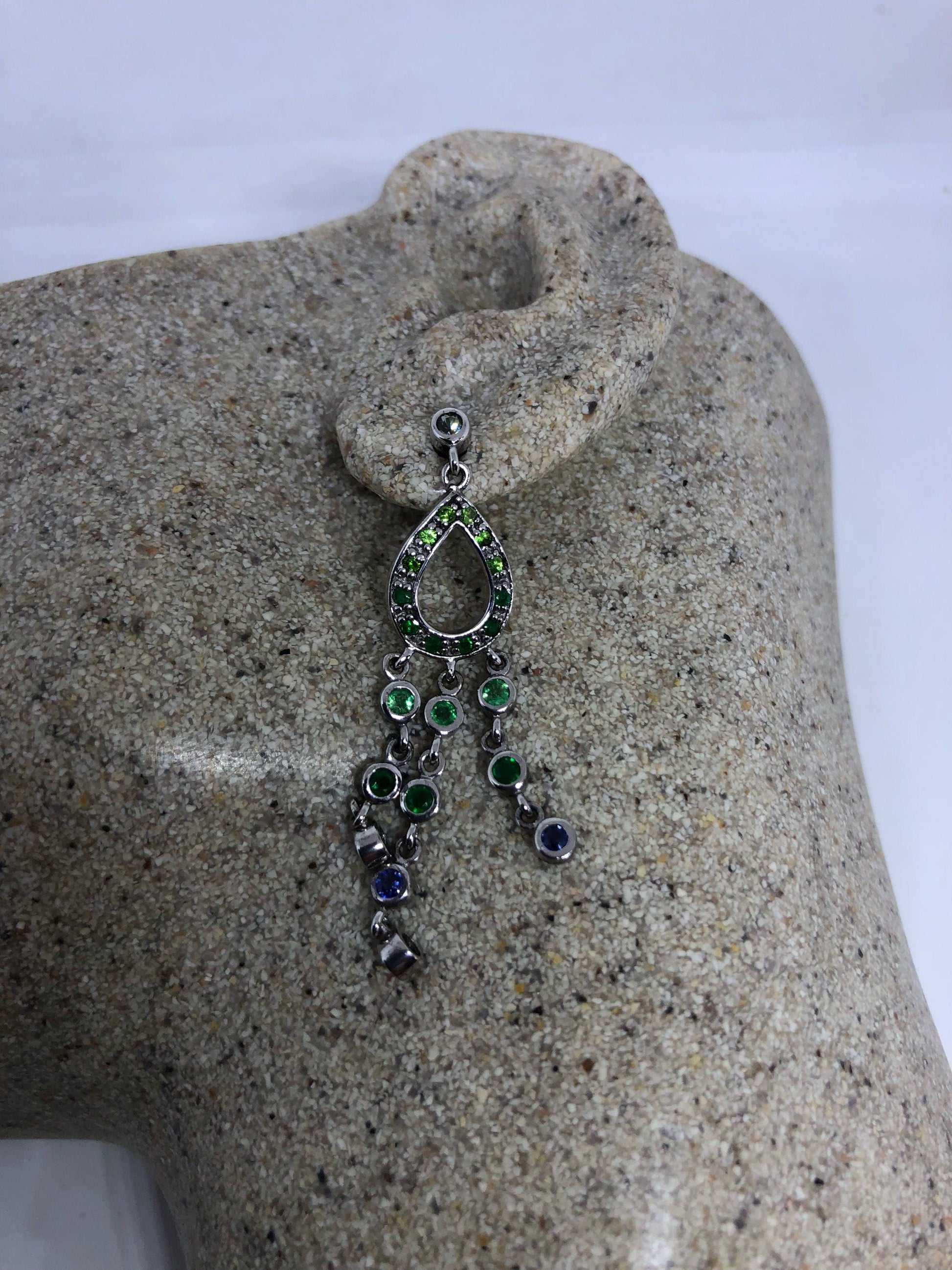 Vintage Handmade 925 Sterling Silver Chrome Diopside Blue Sapphire Chandelier Earrings