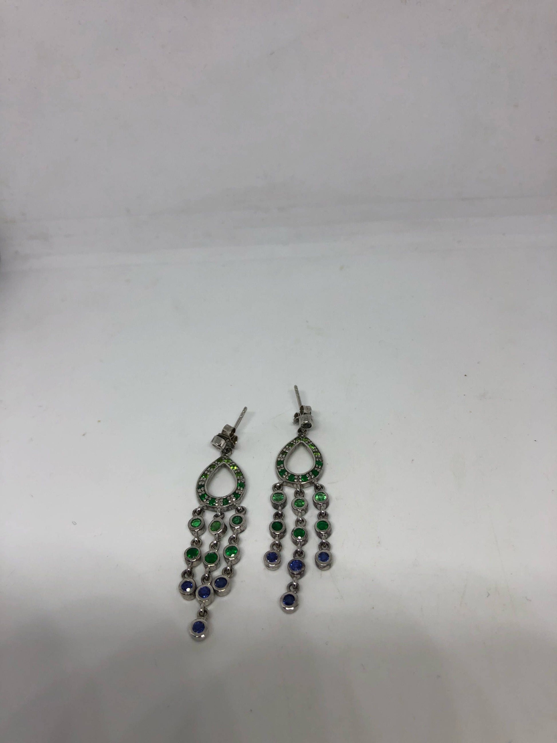 Vintage Handmade 925 Sterling Silver Chrome Diopside Blue Sapphire Chandelier Earrings