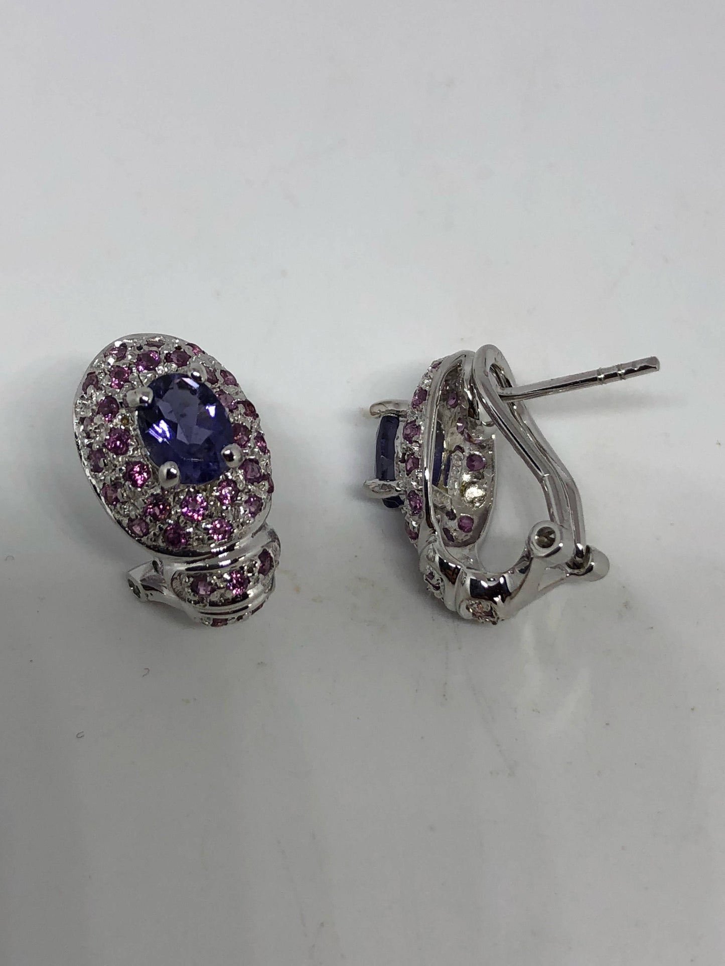 Vintage Handmade Sterling Silver Genuine Deep Blue Iolite and Pink tourmaline Stud button Earrings