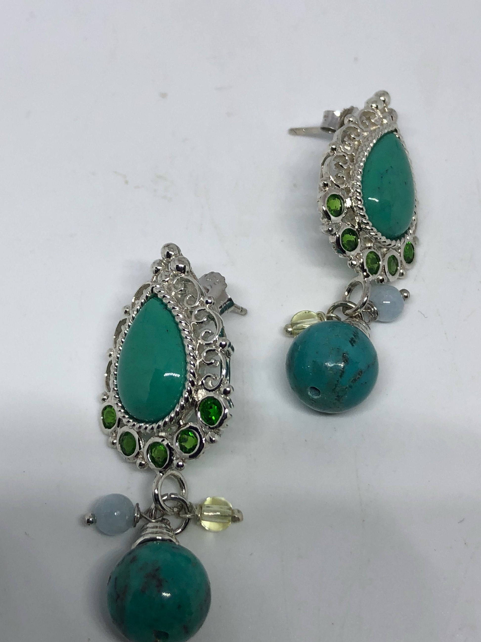 Vintage Handmade 925 Sterling Silver Turquoise with Chrome Diopside Earrings