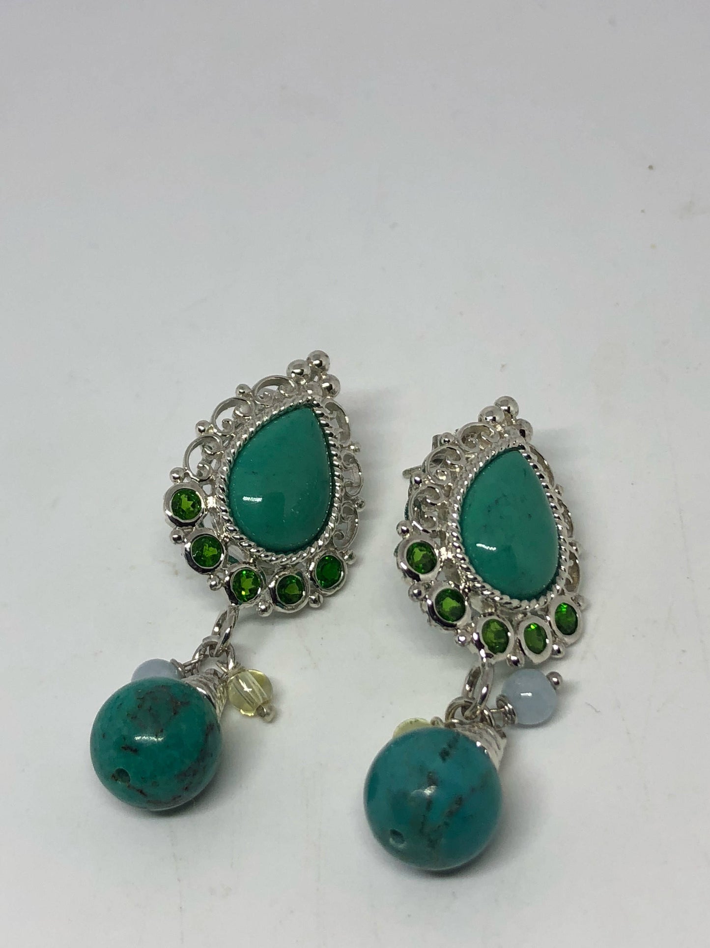 Vintage Handmade 925 Sterling Silver Turquoise with Chrome Diopside Earrings