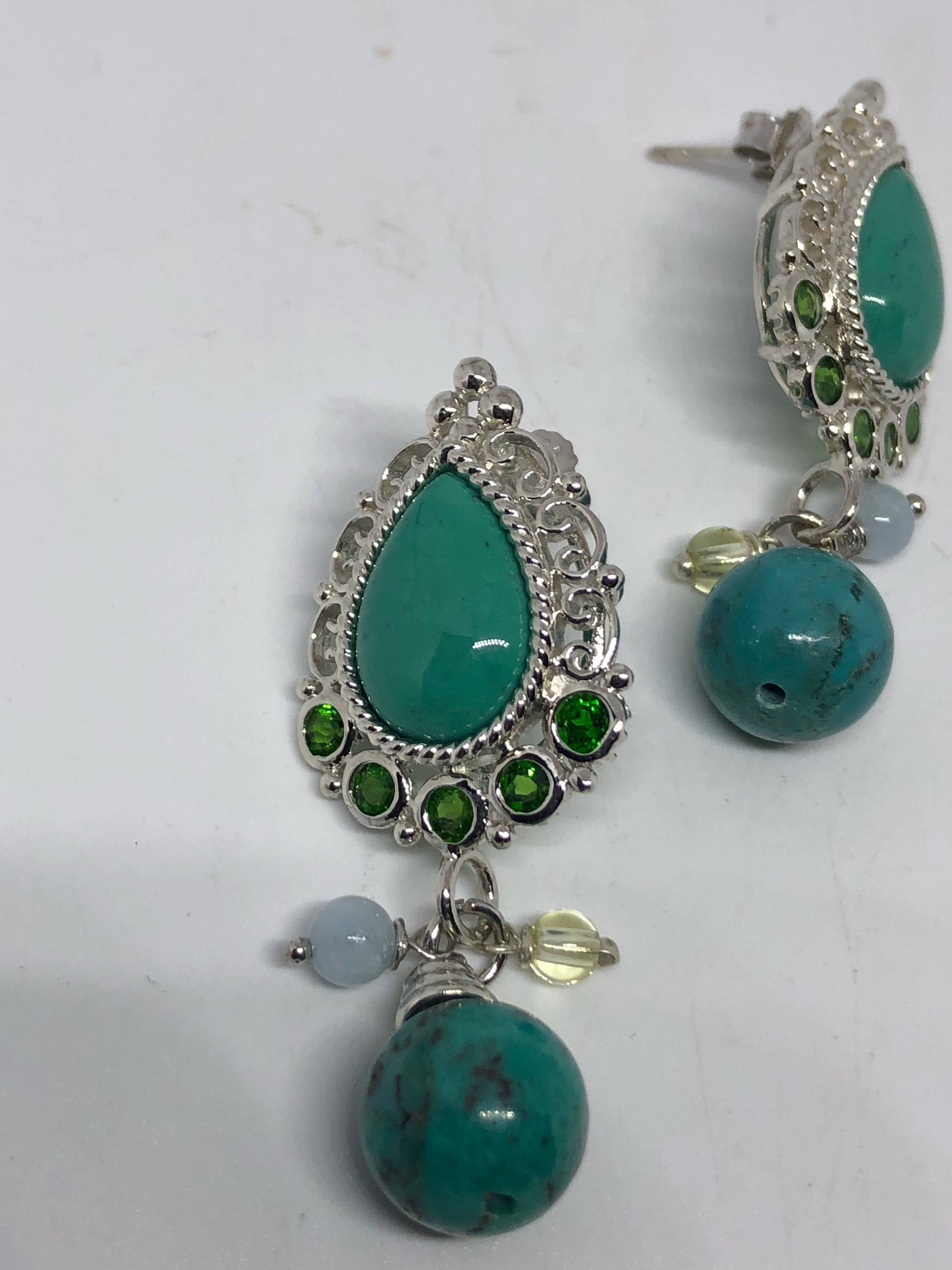 Vintage Handmade 925 Sterling Silver Turquoise with Chrome Diopside Earrings