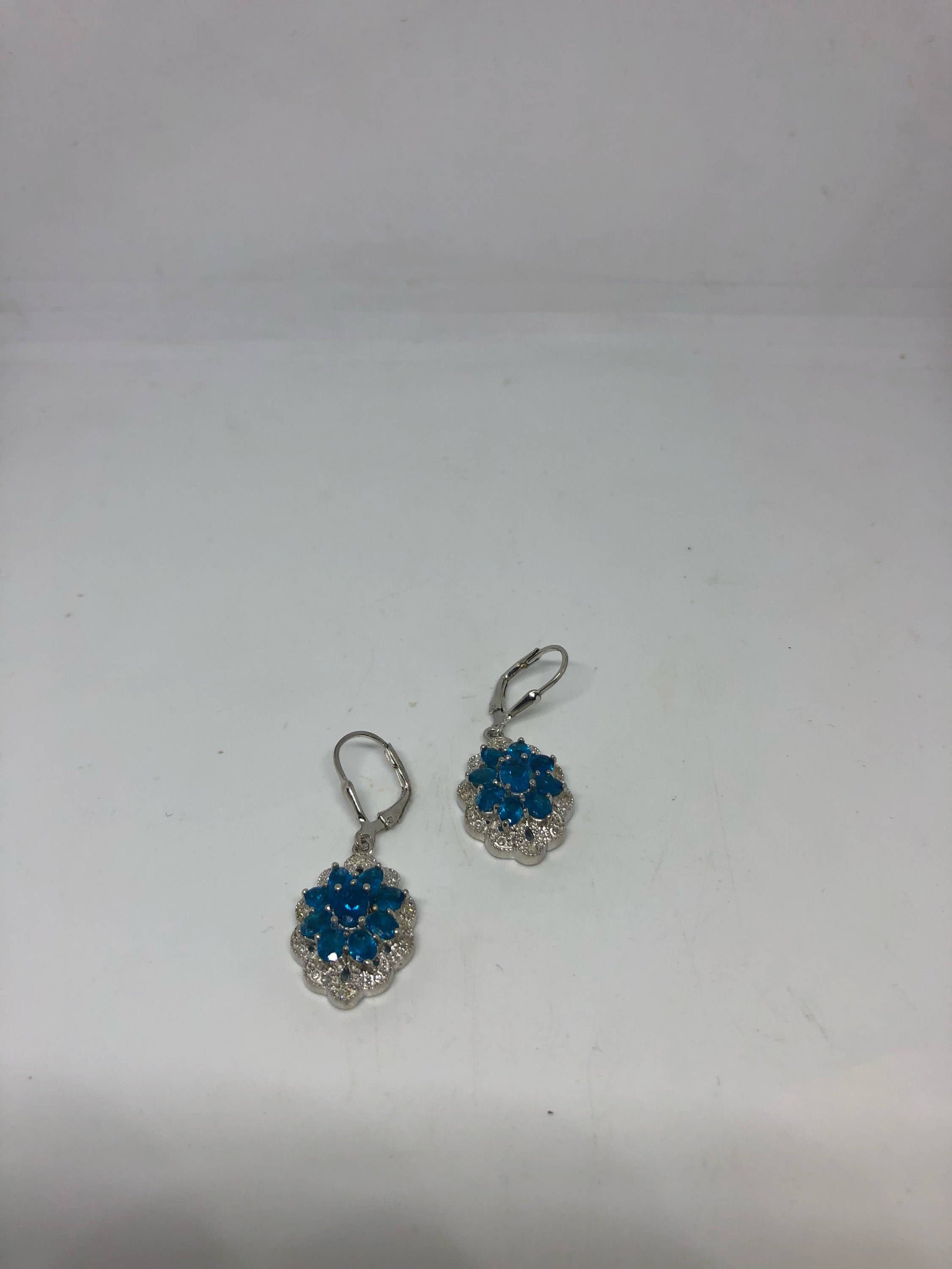 Vintage Mixed Genuine Blue Topaz Gemstone Filigree 925 Sterling Silver Earrings