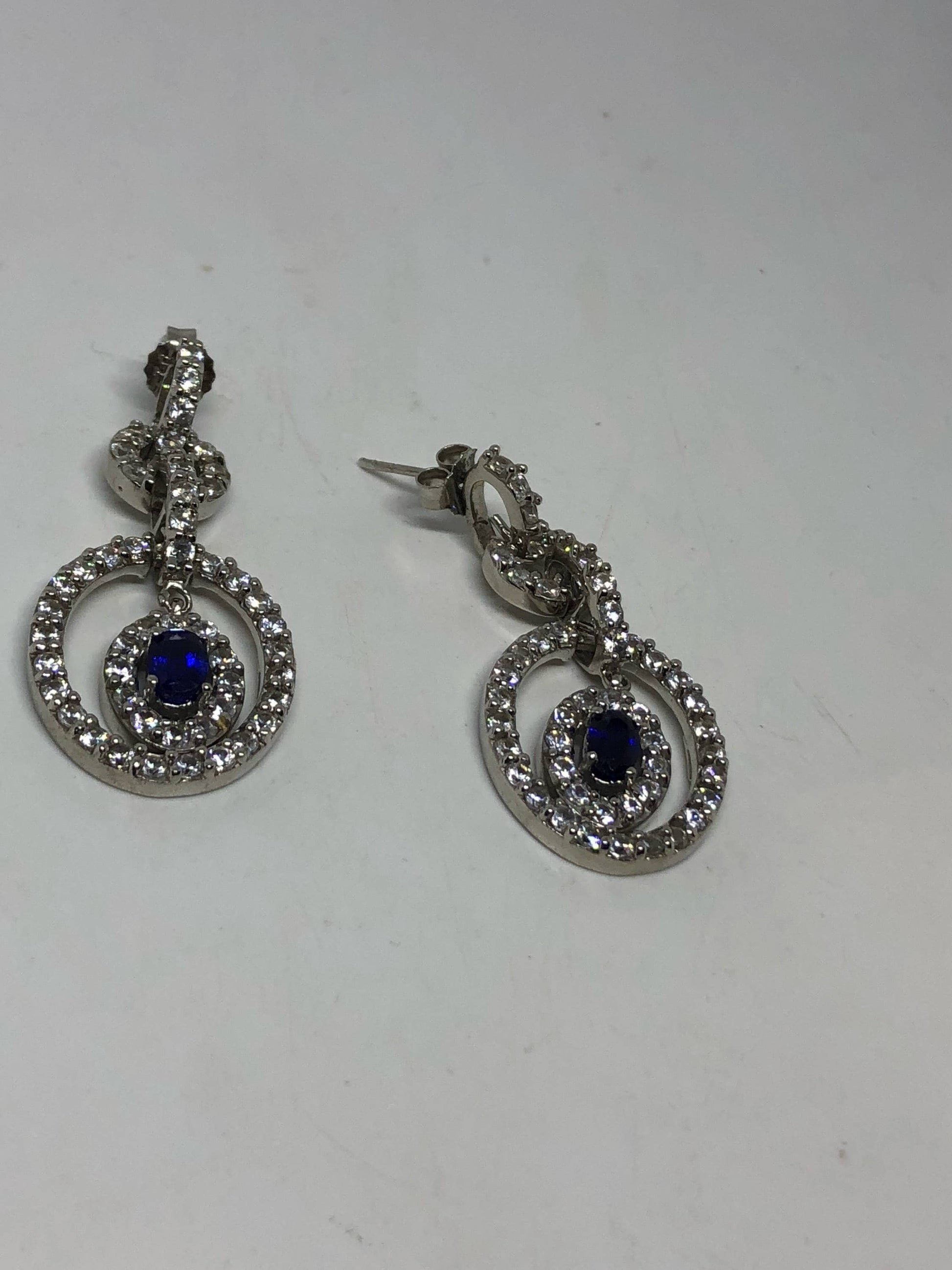 Vintage Mixed Genuine Blue and White Sapphire Gemstone Filigree 925 Sterling Silver Chandelier Earrings