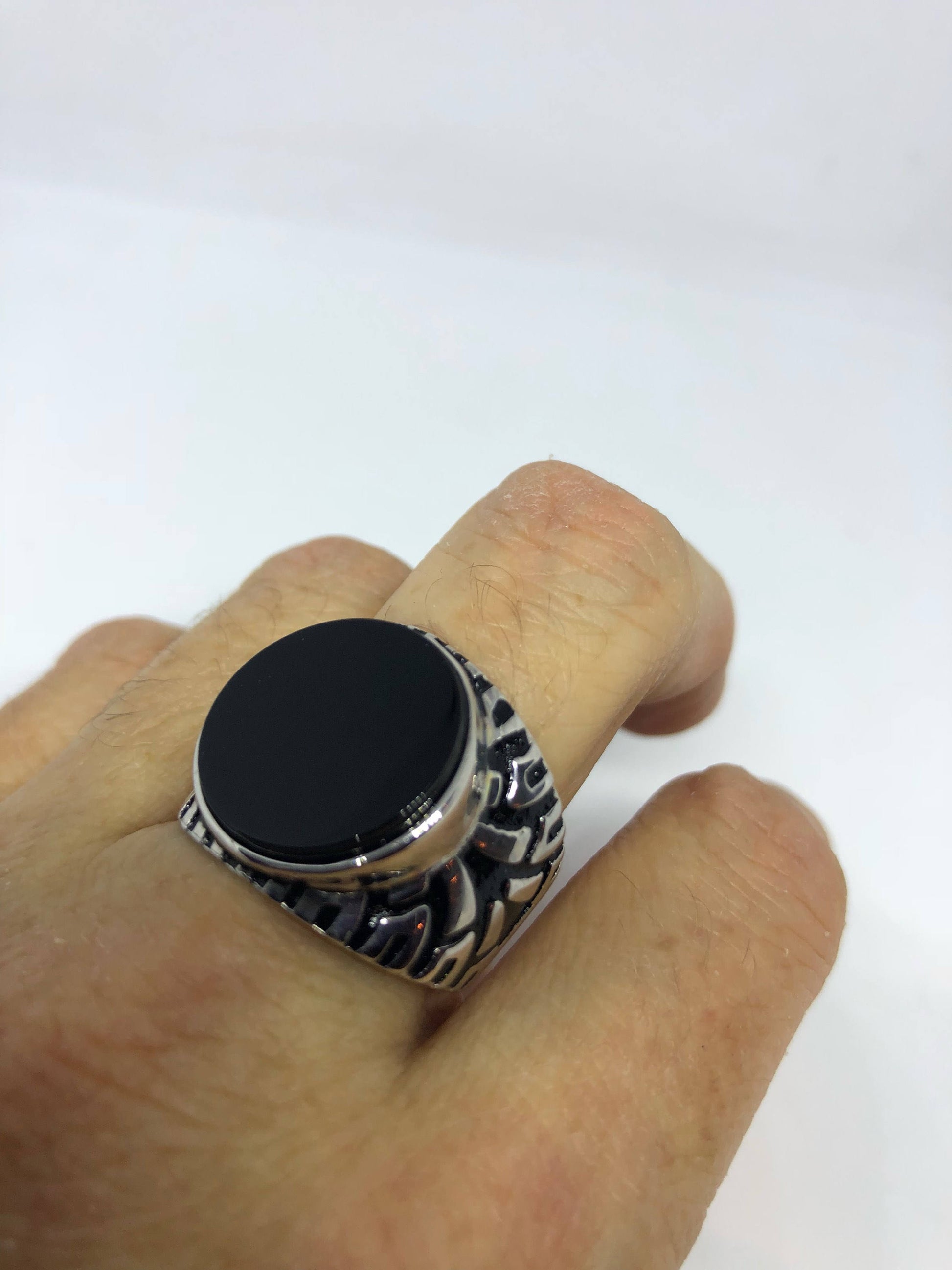 Vintage Onyx Mens Ring 925 Sterling Silver Gothic Genuine Black Onyx