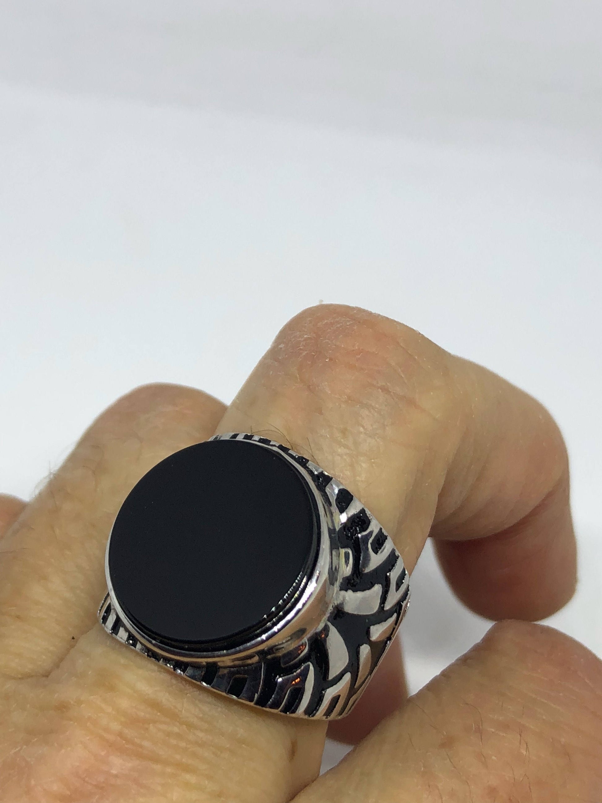 Vintage Onyx Mens Ring 925 Sterling Silver Gothic Genuine Black Onyx