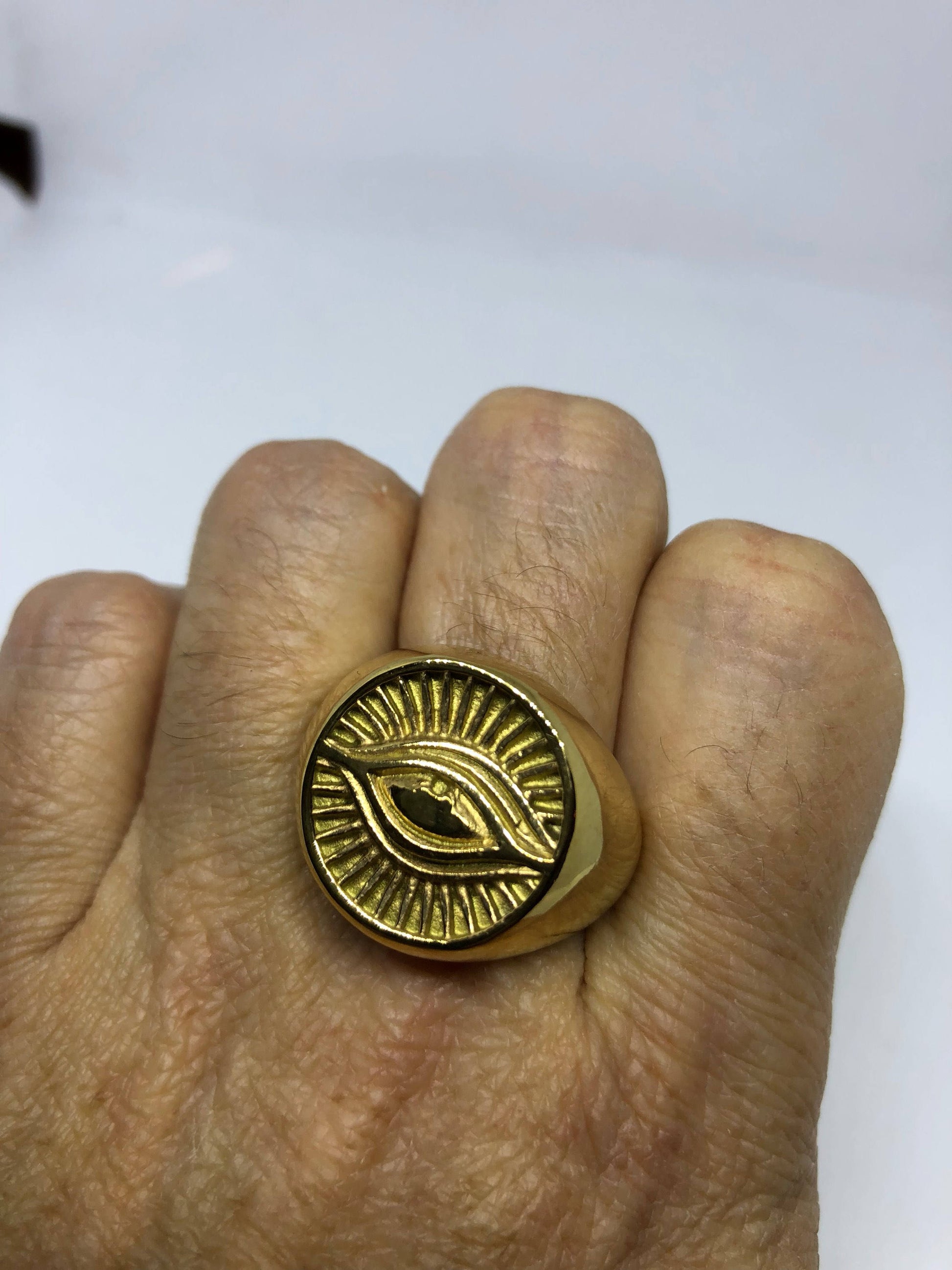 Vintage Gothic Gilded Gold Stainless Steel Illuminati Eye Mens Ring