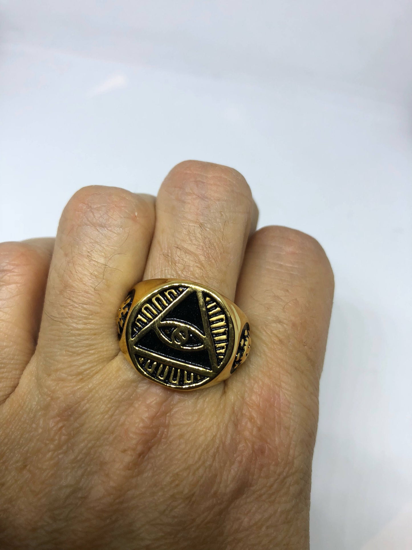 Vintage Gothic Golden Stainless Steel Illuminati Eye Pyramid Men Ring