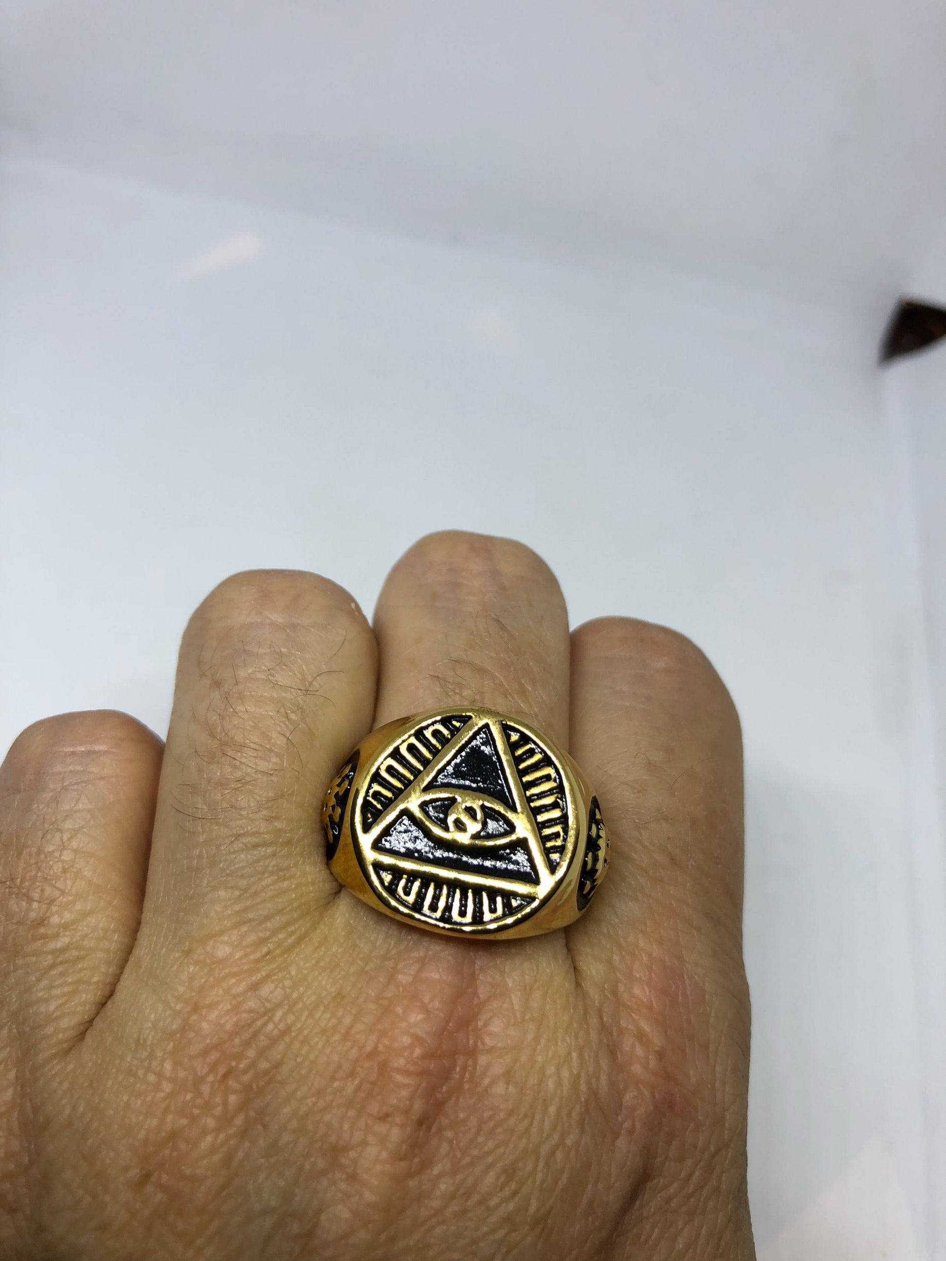 Vintage Gothic Golden Stainless Steel Illuminati Eye Pyramid Men Ring