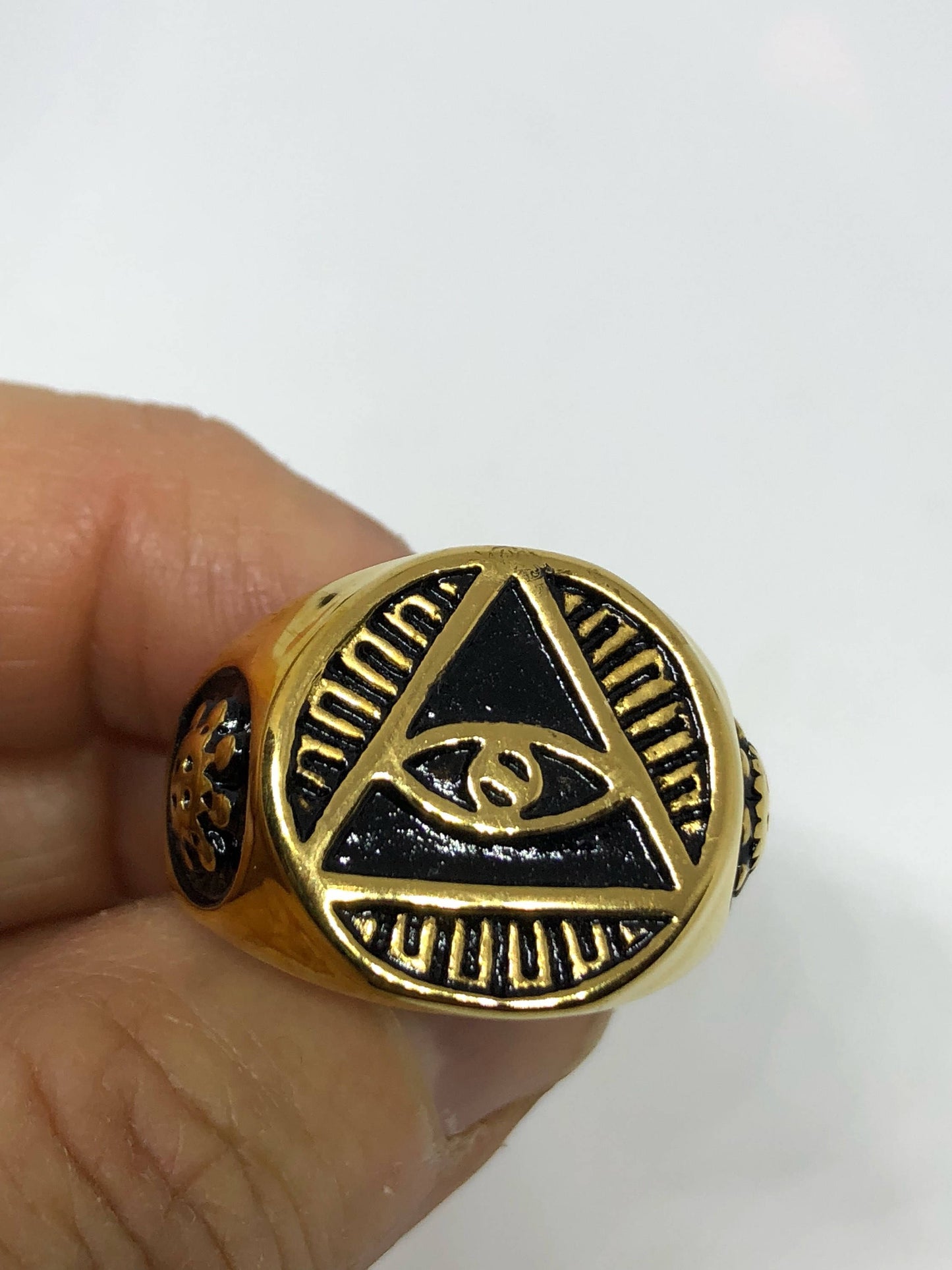 Vintage Gothic Golden Stainless Steel Illuminati Eye Pyramid Men Ring