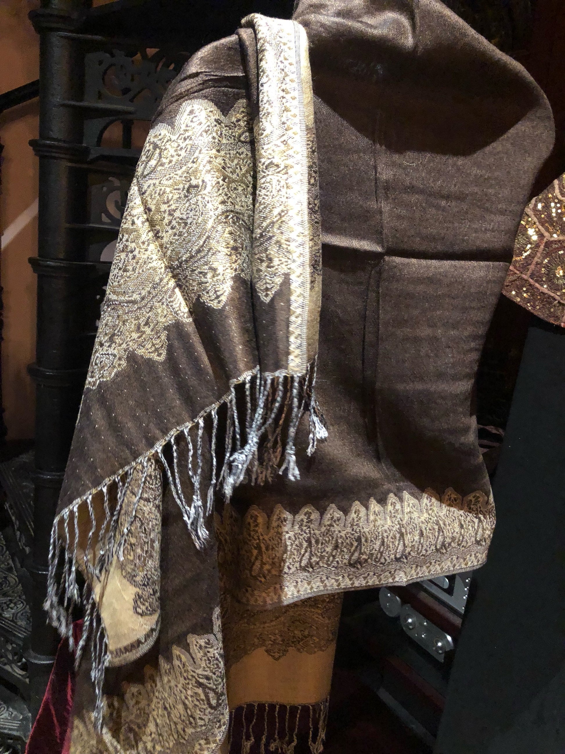 Vintage biege and Brown Paisley Brocade Pashmina Scarf Wrap