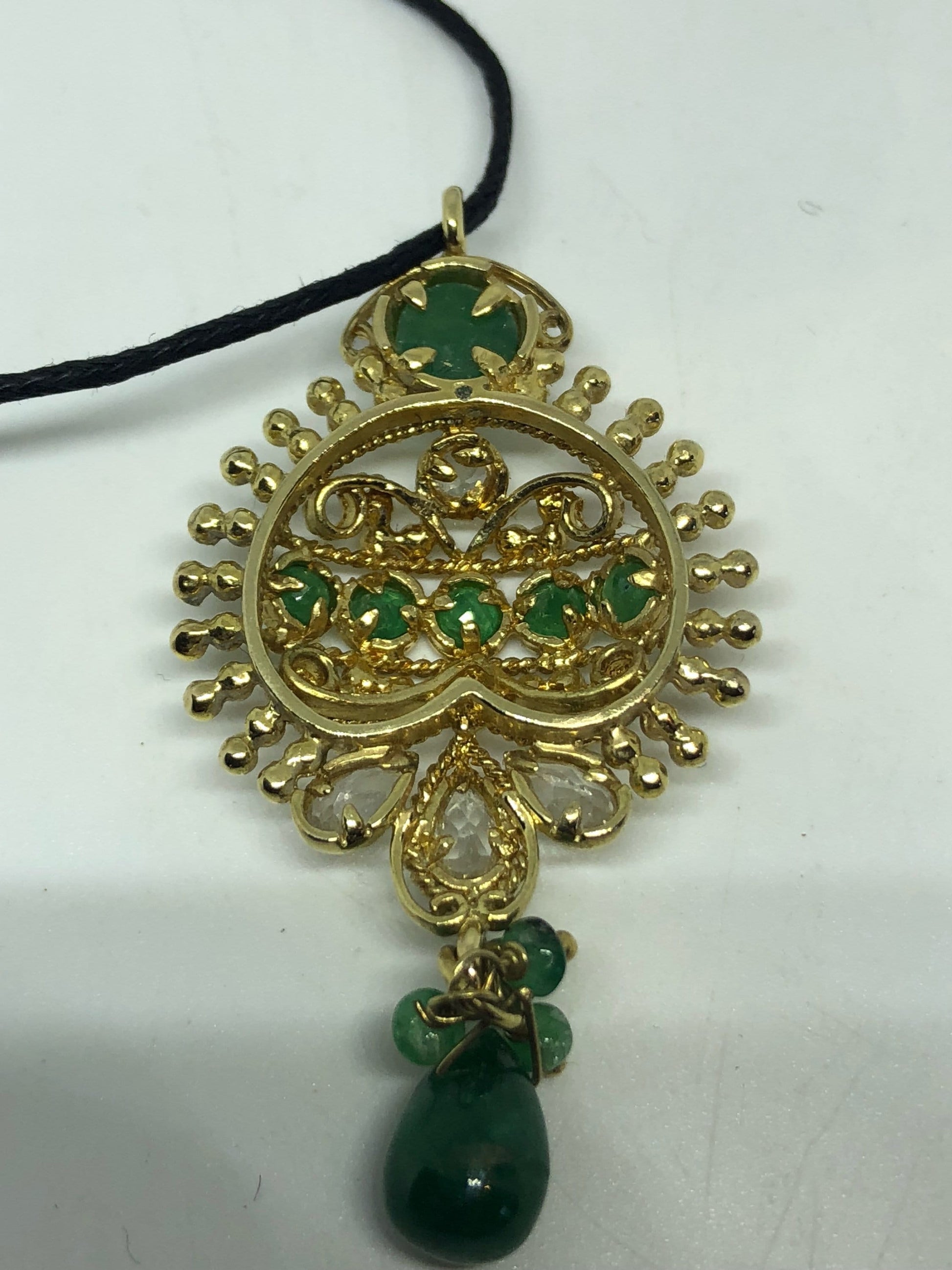 Vintage Green Emerald Choker Gold Vermeil 925 Sterling Filigree Pendant