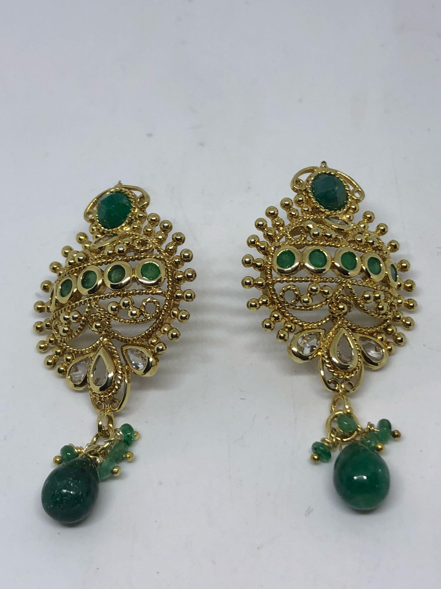 Vintage Handmade Sterling Silver Genuine Green Emerald White Sapphire Stud button Earrings