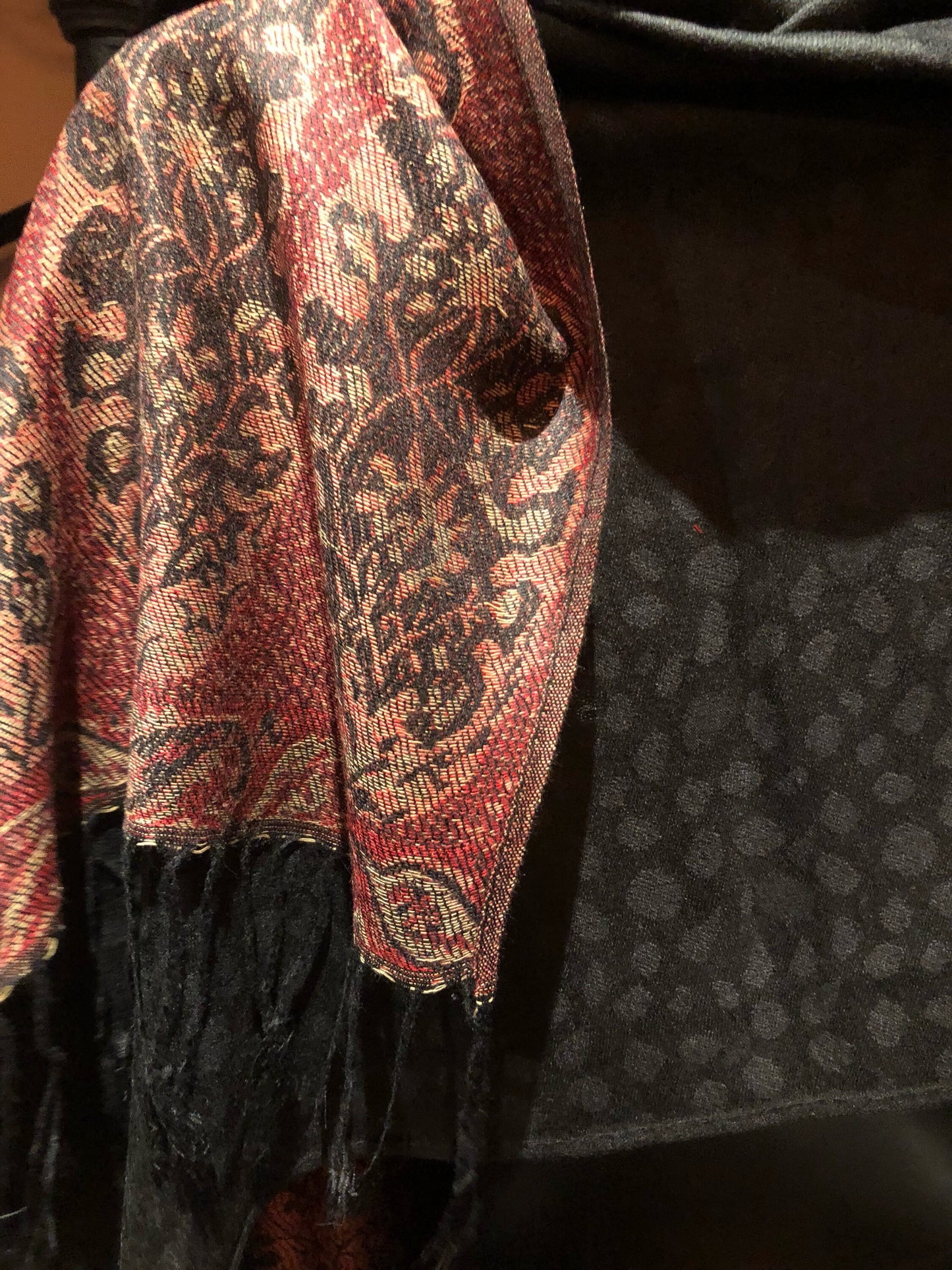 Vintage Black and Red Paisley Brocade Pashmina Scarf Wrap Shawl