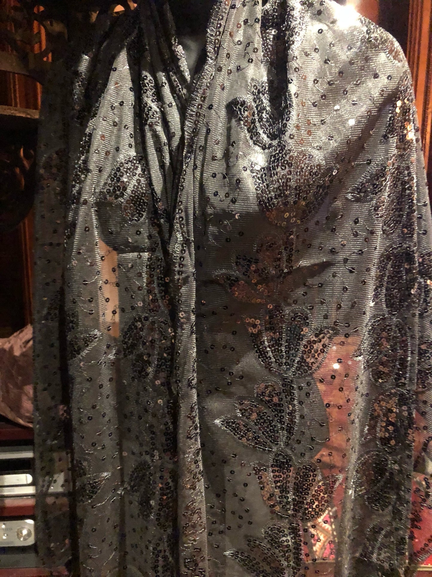 Vitage Styled Sheer black flower Sequined embroidered wrap Shawl