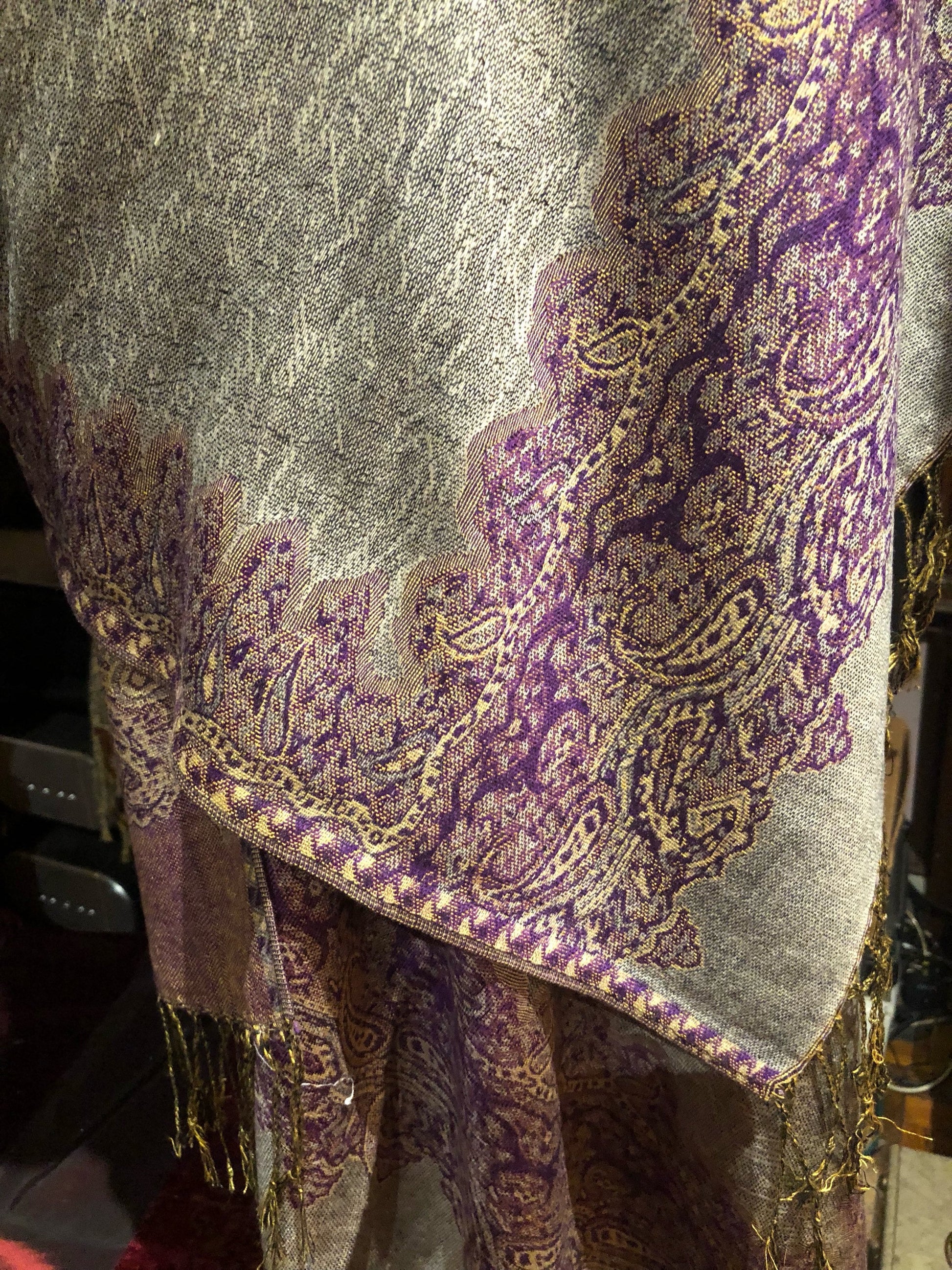 Vintage Gray Purple Paisley Brocade Pashmina Scarf Wrap Shawl