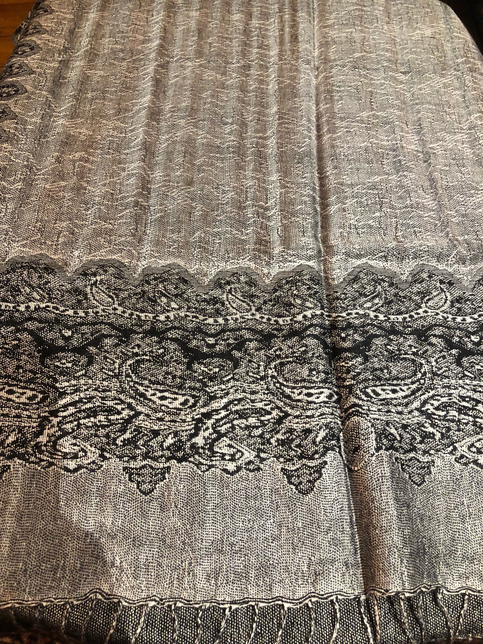 Vintage Gray Paisley Brocade Pashmina Scarf Wrap Shawl