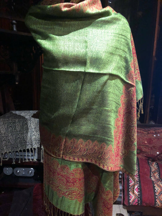 Green Red Reversible Vintage Paisley Brocade Pashmina Scarf Wrap