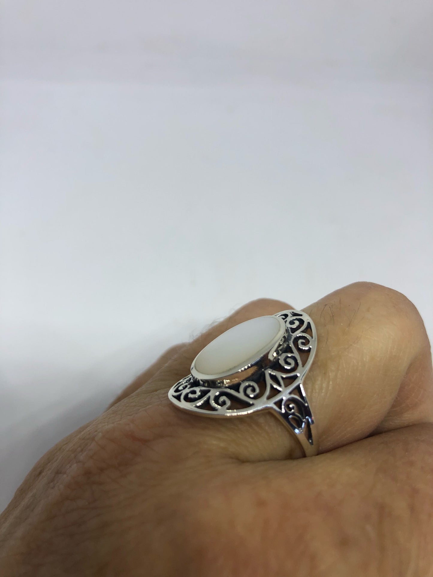 Antique White Mother of Pearl Filigree Sterling Silver Ring