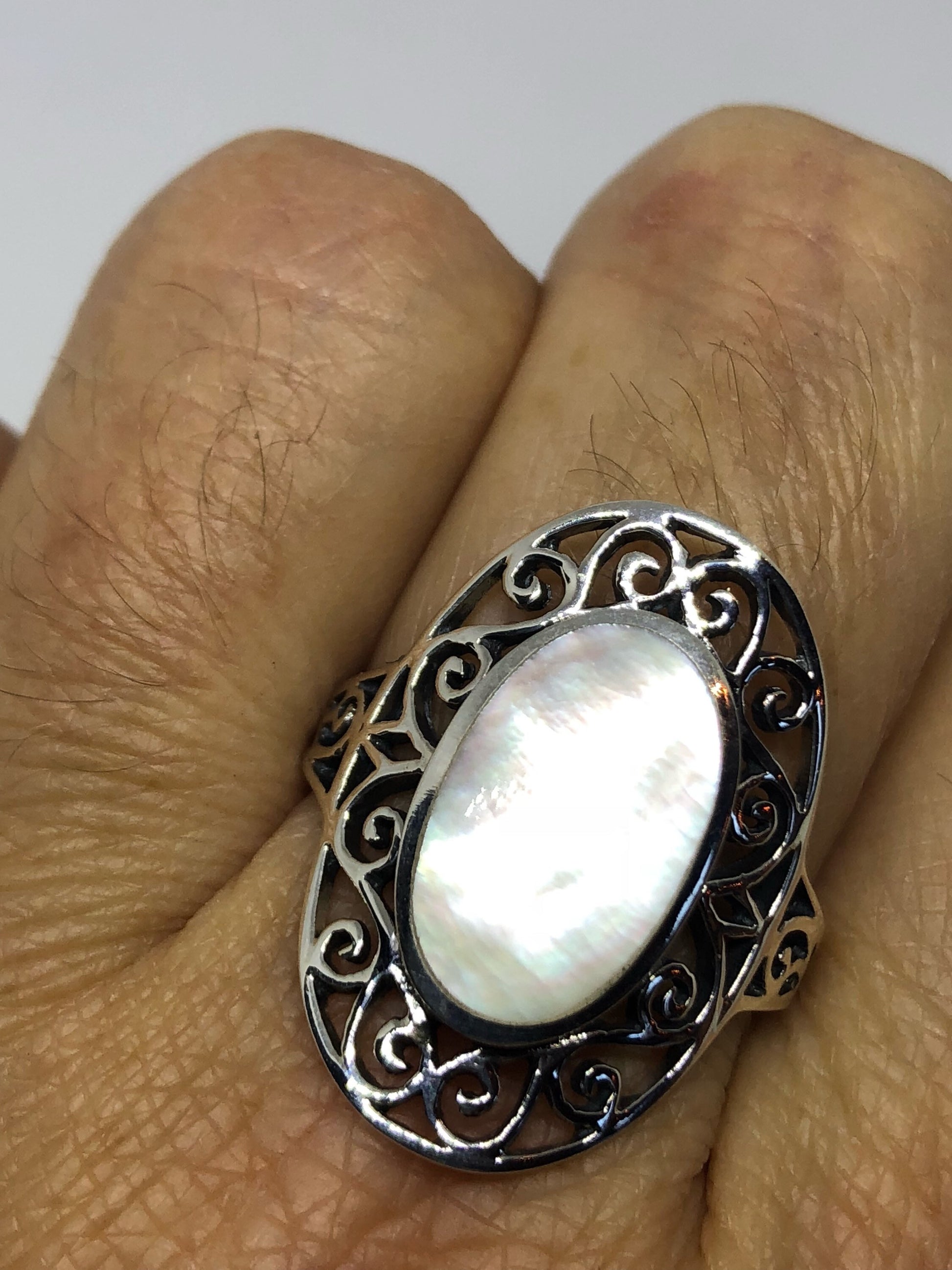 Antique White Mother of Pearl Filigree Sterling Silver Ring