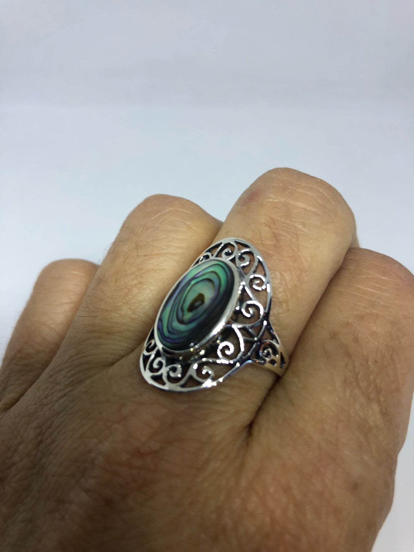 Antique Green Abalone Celtic Knot Filigree Sterling Silver Ring