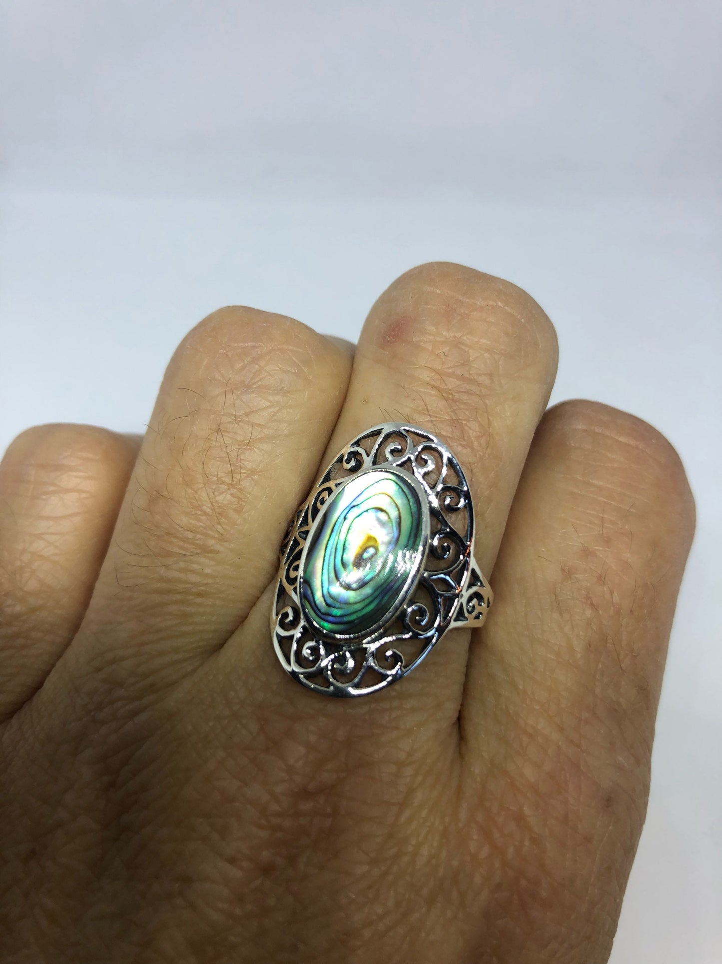 Antique Green Abalone Celtic Knot Filigree Sterling Silver Ring