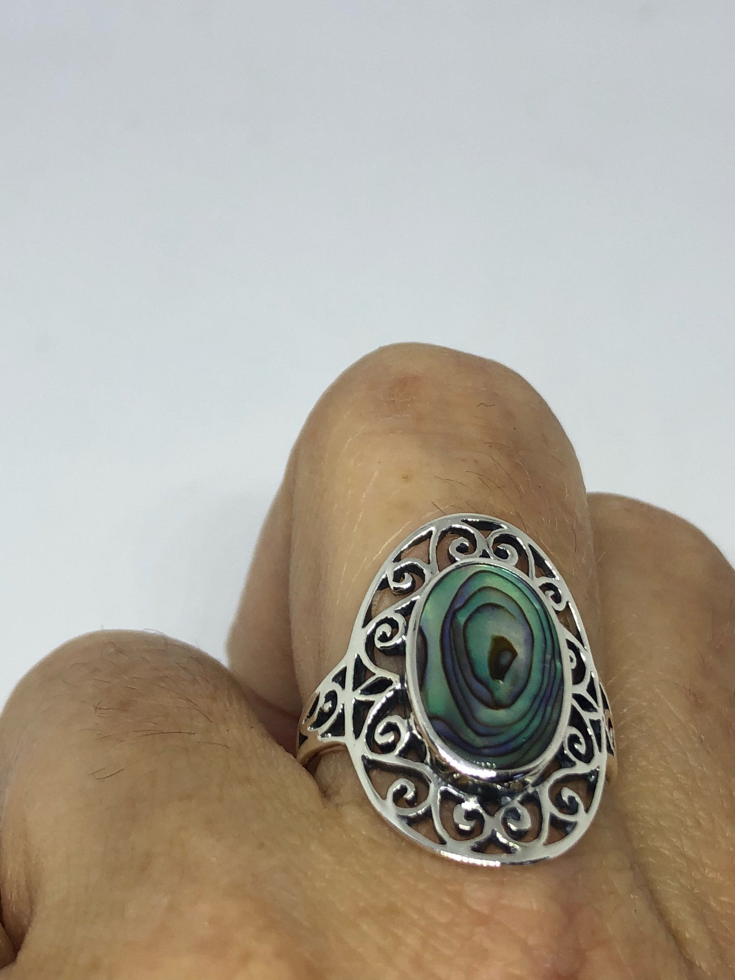 Antique Green Abalone Celtic Knot Filigree Sterling Silver Ring