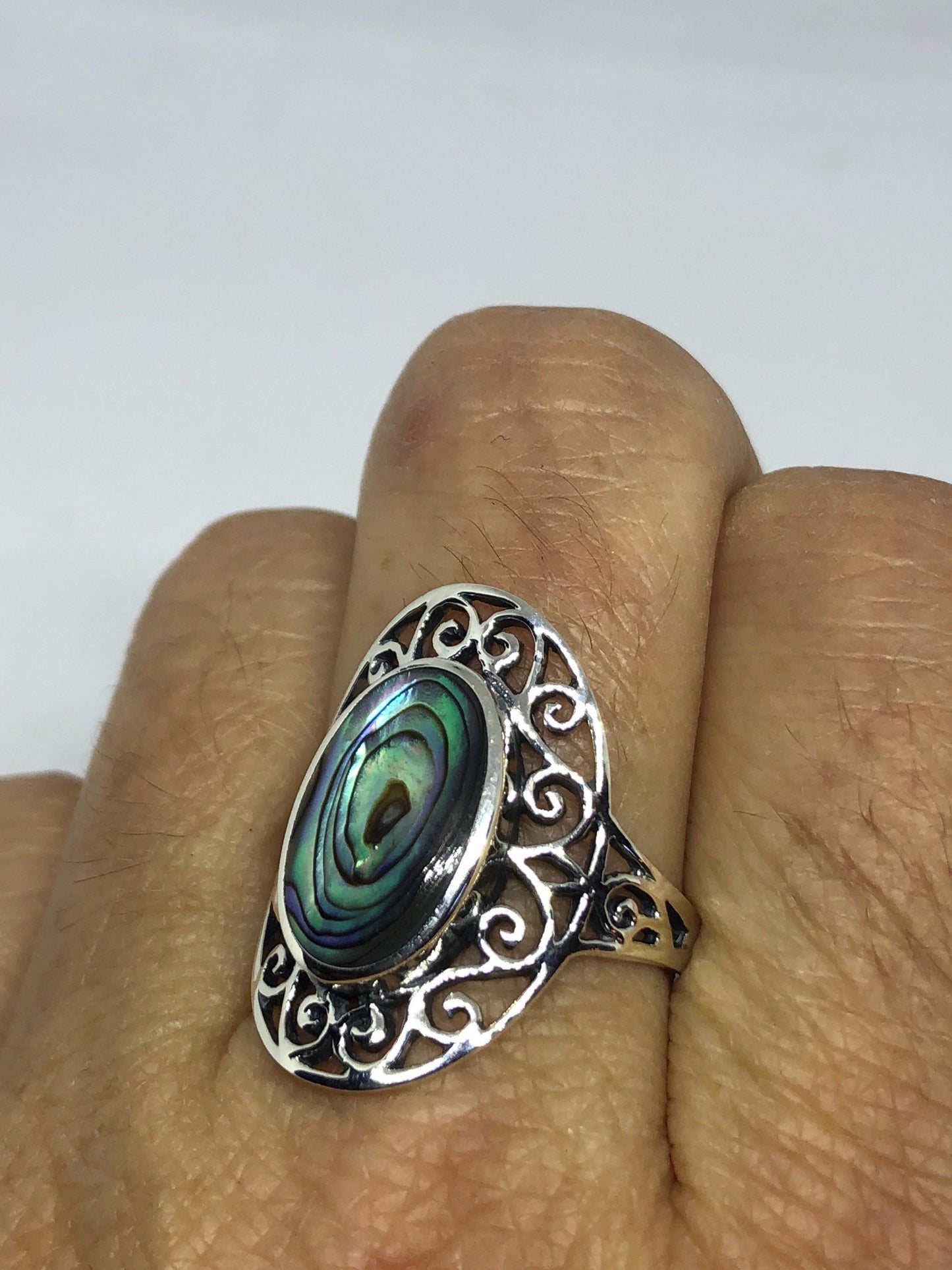 Antique Green Abalone Celtic Knot Filigree Sterling Silver Ring