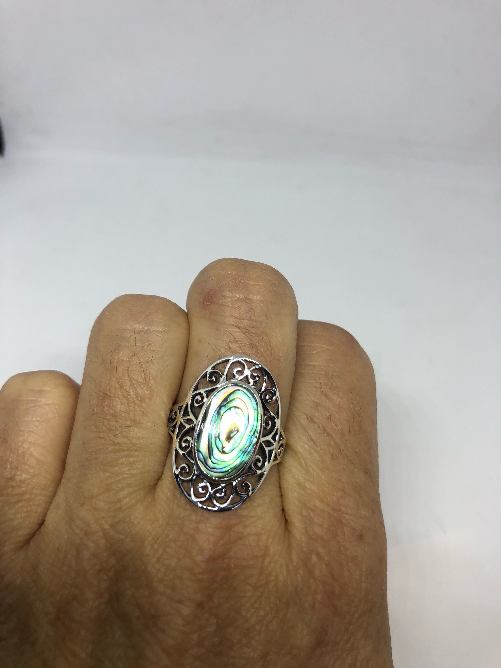 Antique Green Abalone Celtic Knot Filigree Sterling Silver Ring