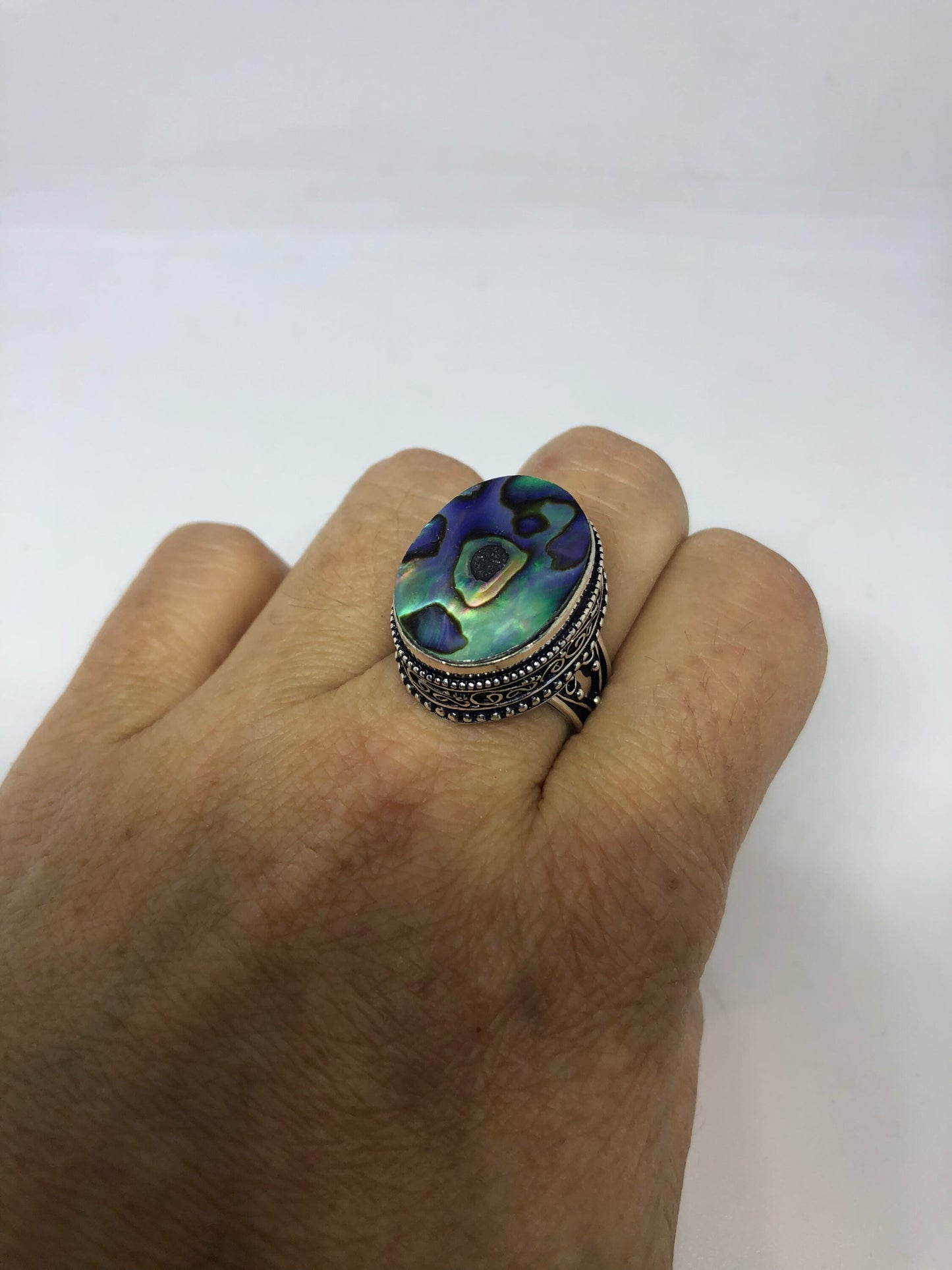 Antique Green Abalone Gothic Filigree Silver Ring