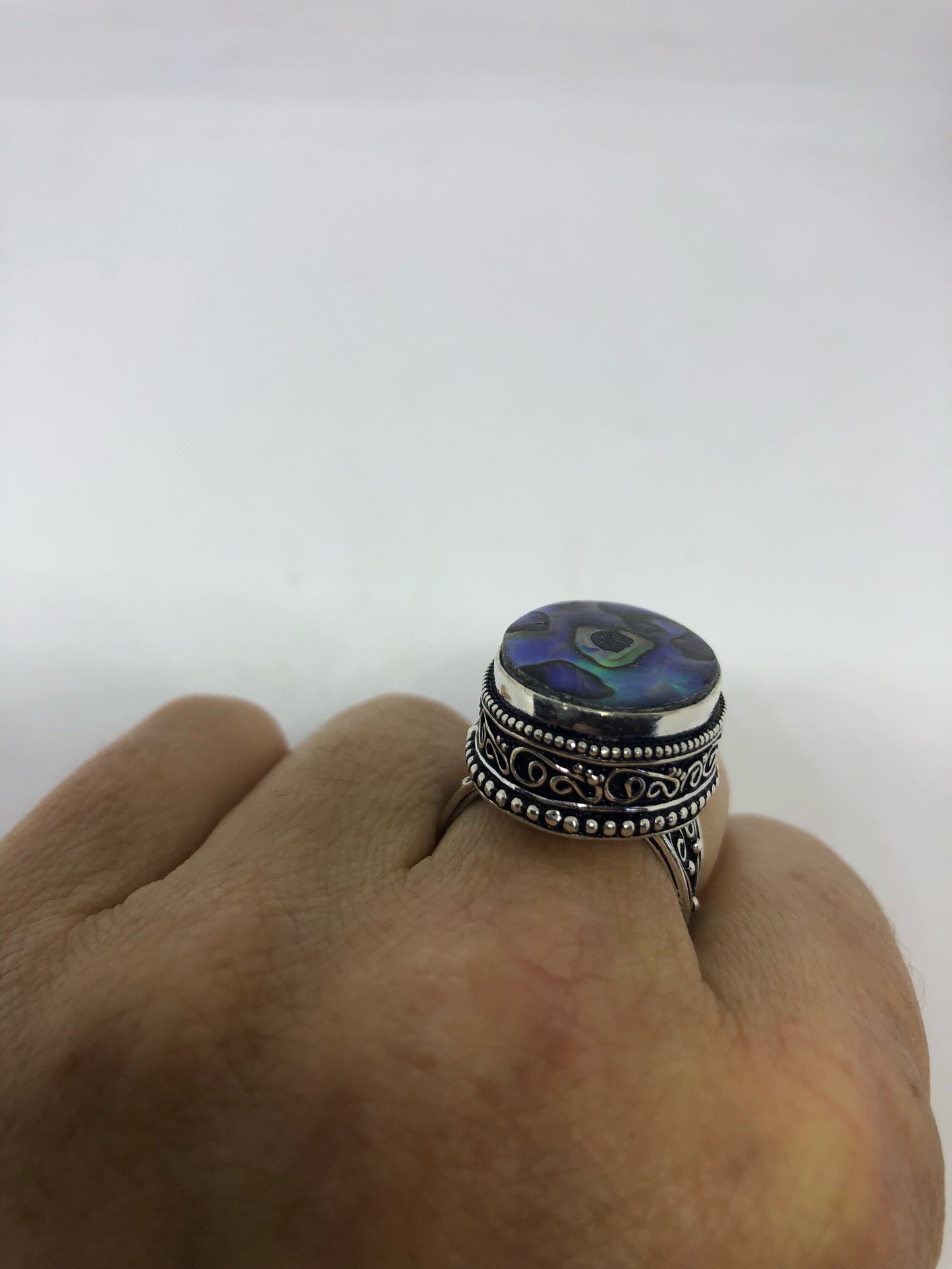 Antique Green Abalone Gothic Filigree Silver Ring