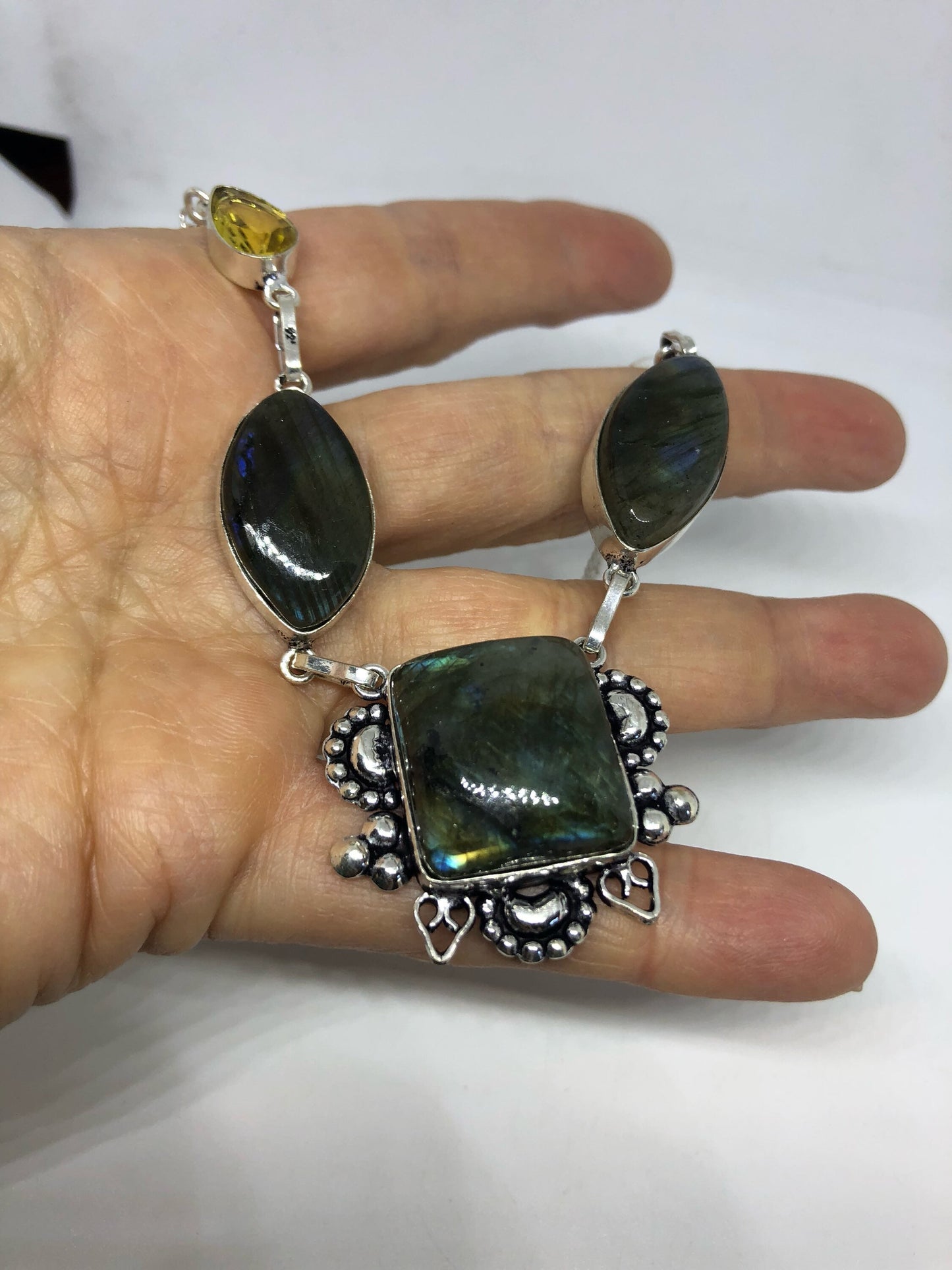 Vintage Green Labradorite Silver Necklace Choker