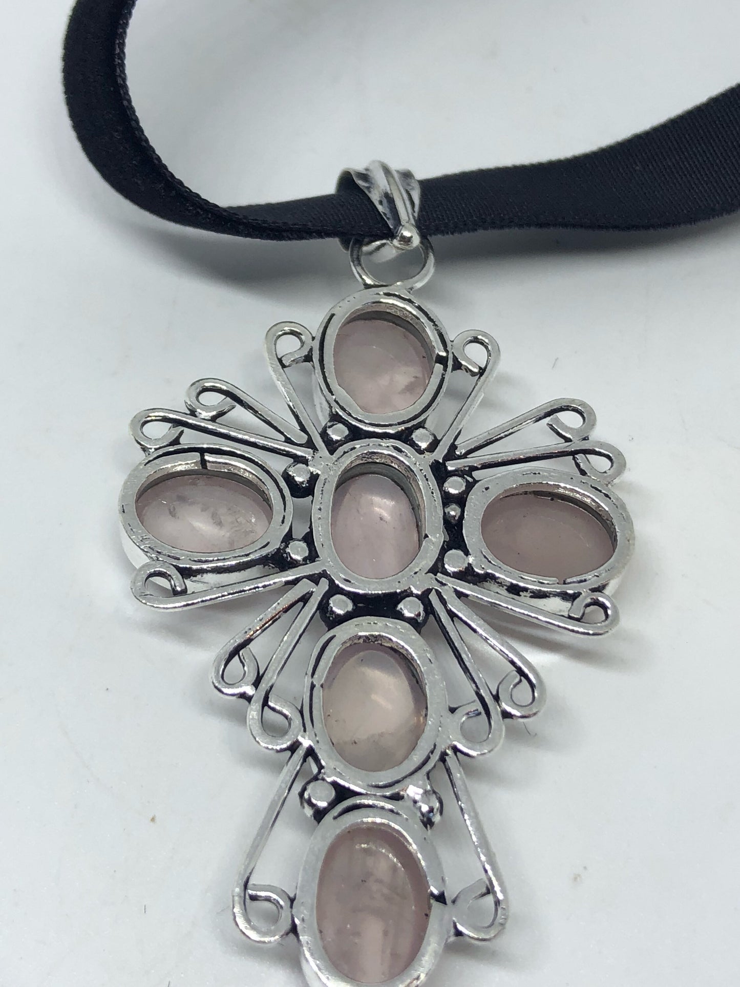 Vintage Handmade Silver Finish Rose Quartz Cross Choker Pendant