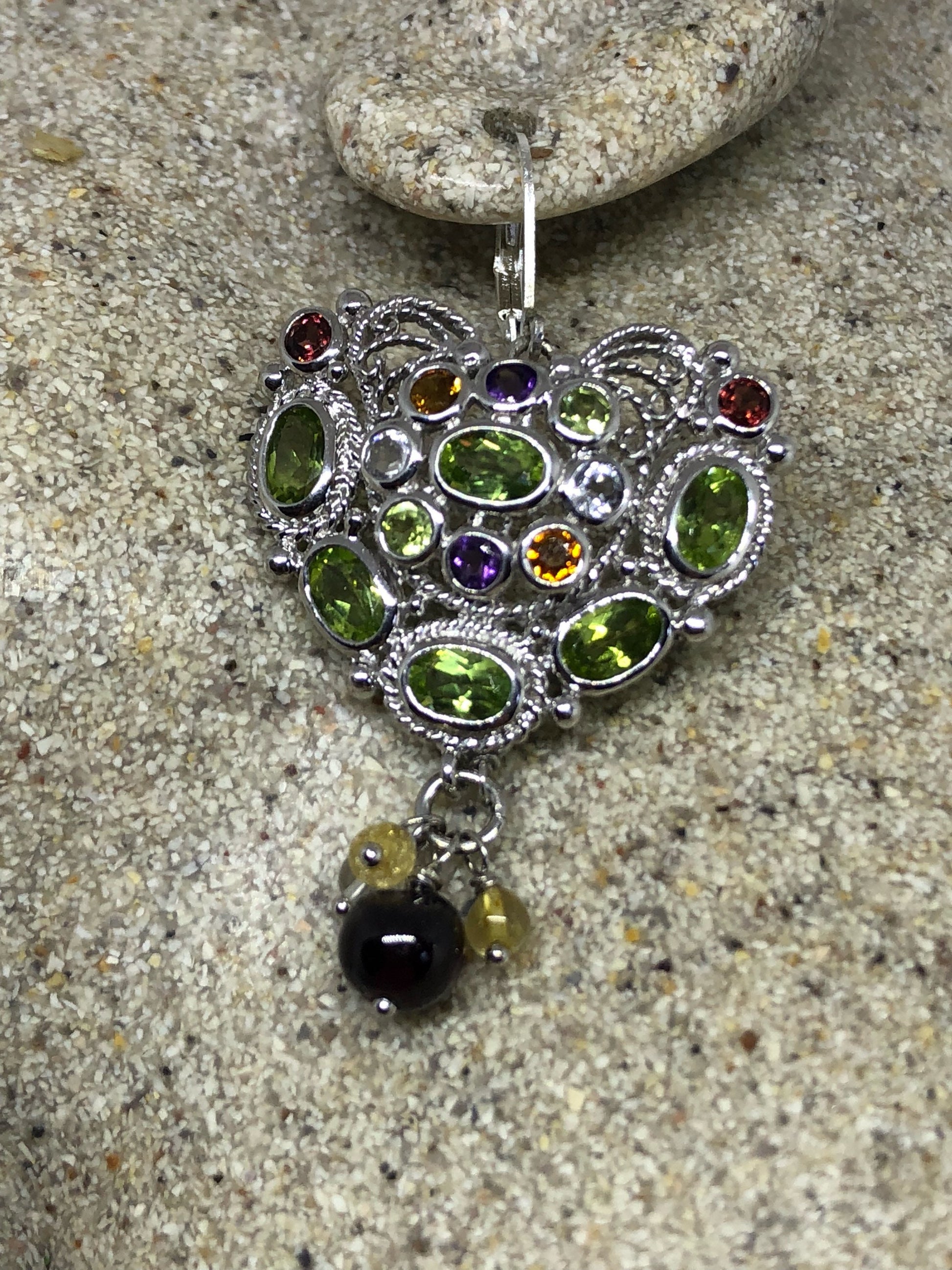 Vintage 925 Sterling Silver Genuine Green Peridot and Mixed Gemstone Heart Earrings