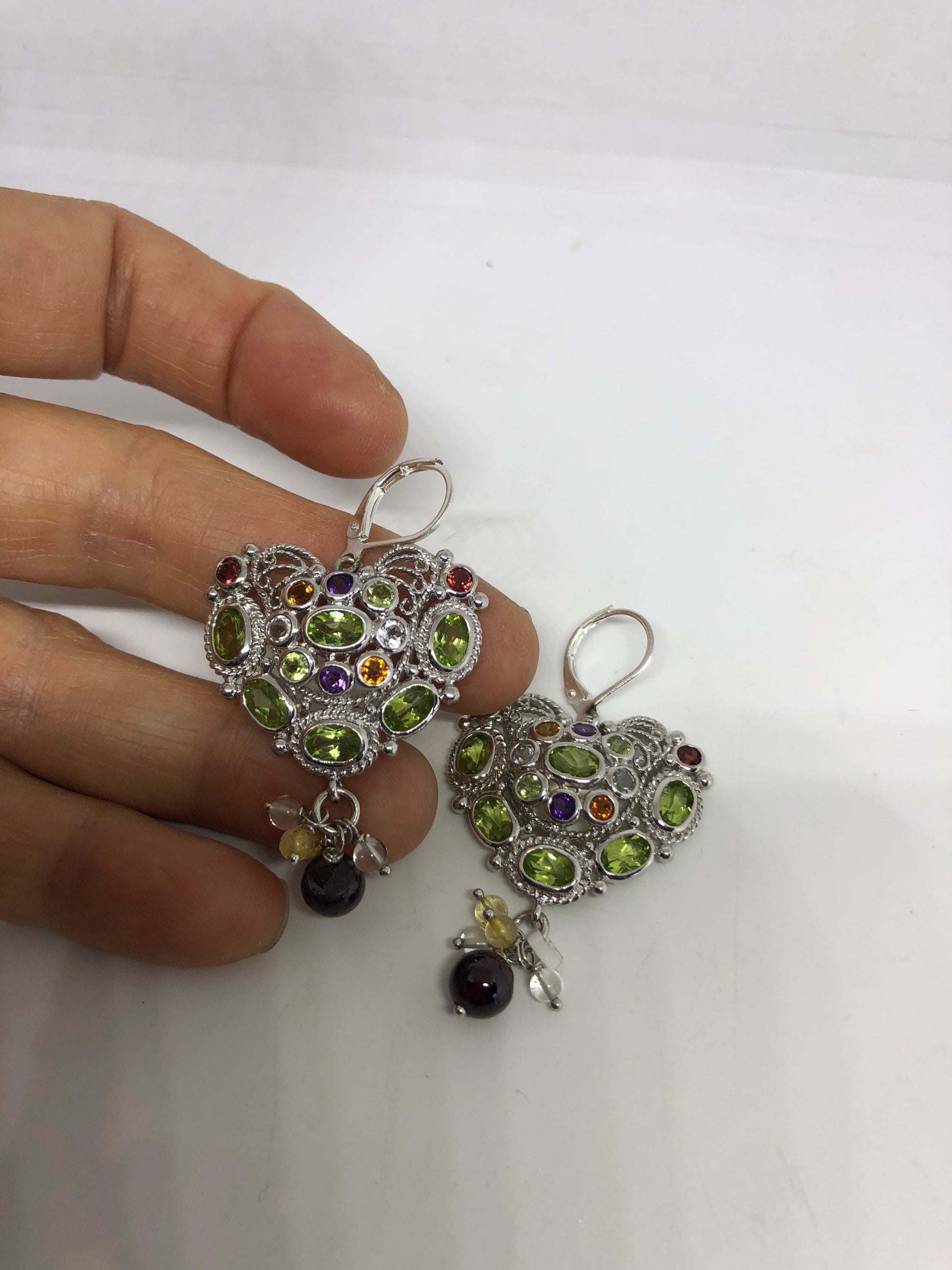 Vintage 925 Sterling Silver Genuine Green Peridot and Mixed Gemstone Heart Earrings