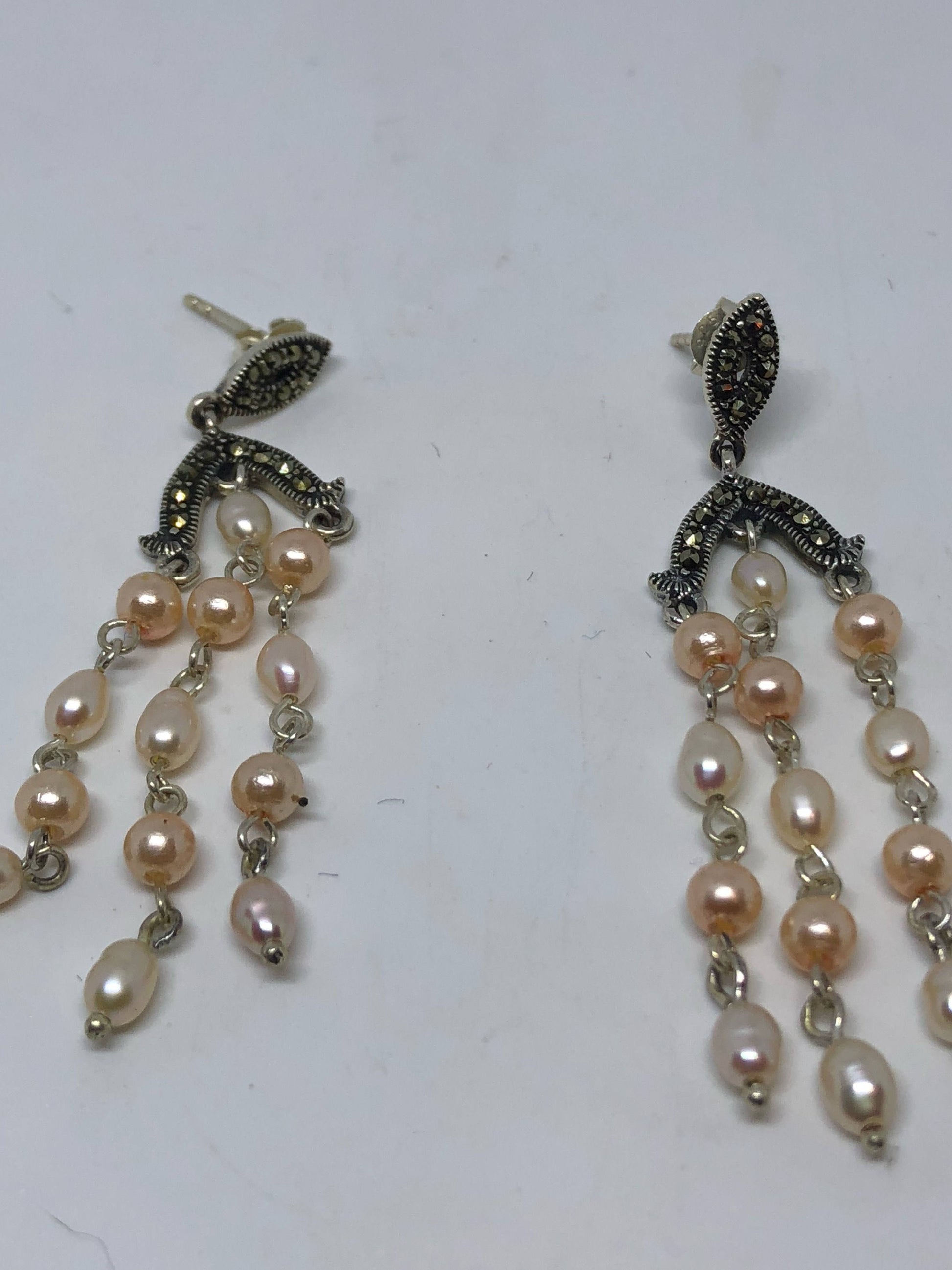 Vintage Pearl Earrings Marcasite Freshwater Pearl 925 Sterling Silver Dangle Chandelier