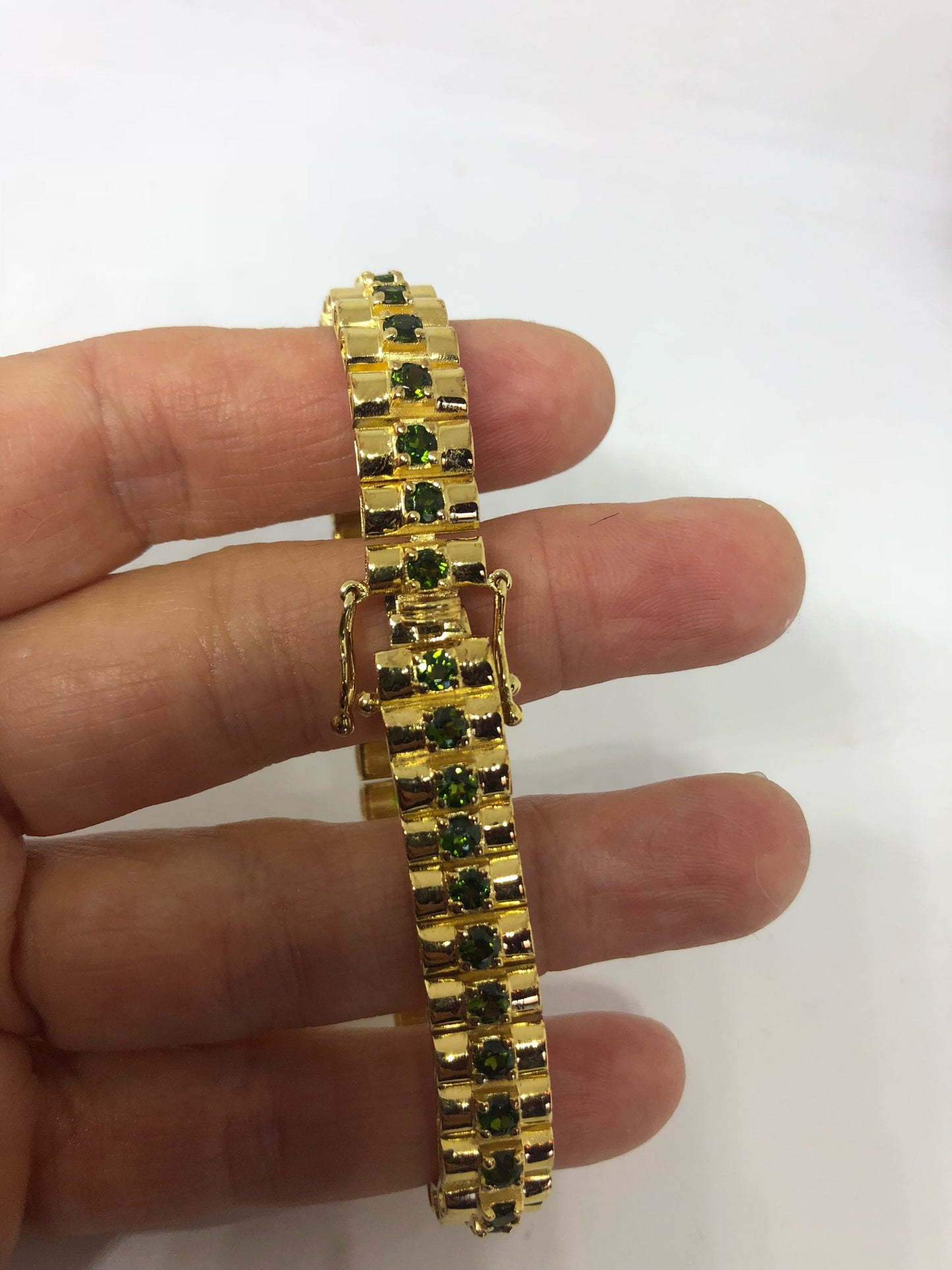 Vintage Victorian Style Sterling Silver Filigree Green Tourmaline Bracelet