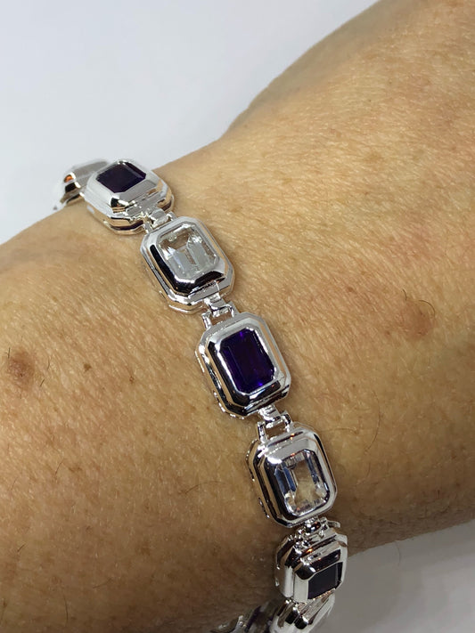 Handmade Genuine Purple Amethyst and white sapphire 925 Sterling Silver Tennis Bracelet