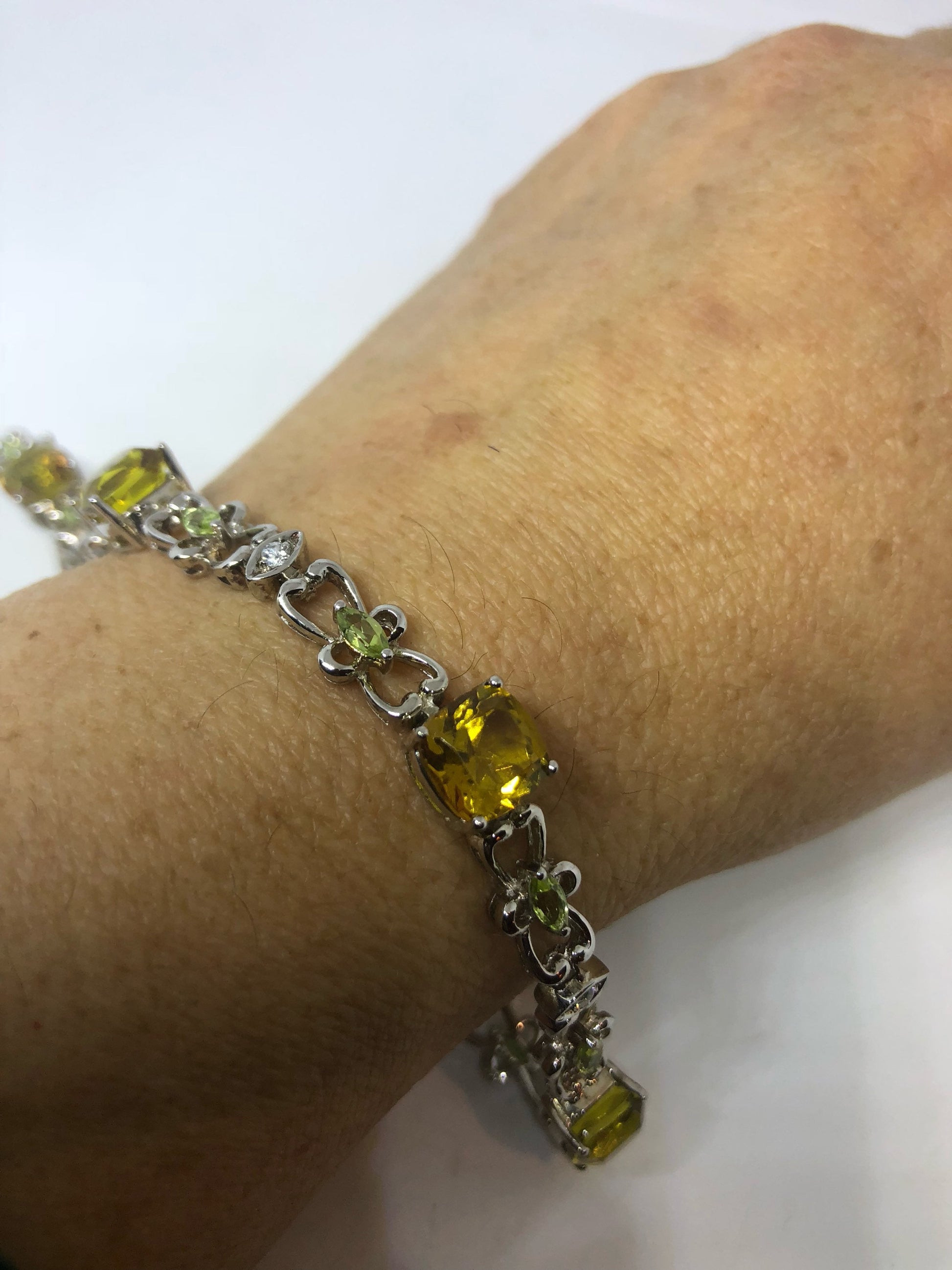 Vintage Gold Citrine Bracelet Deco 925 Sterling Silver Tennis