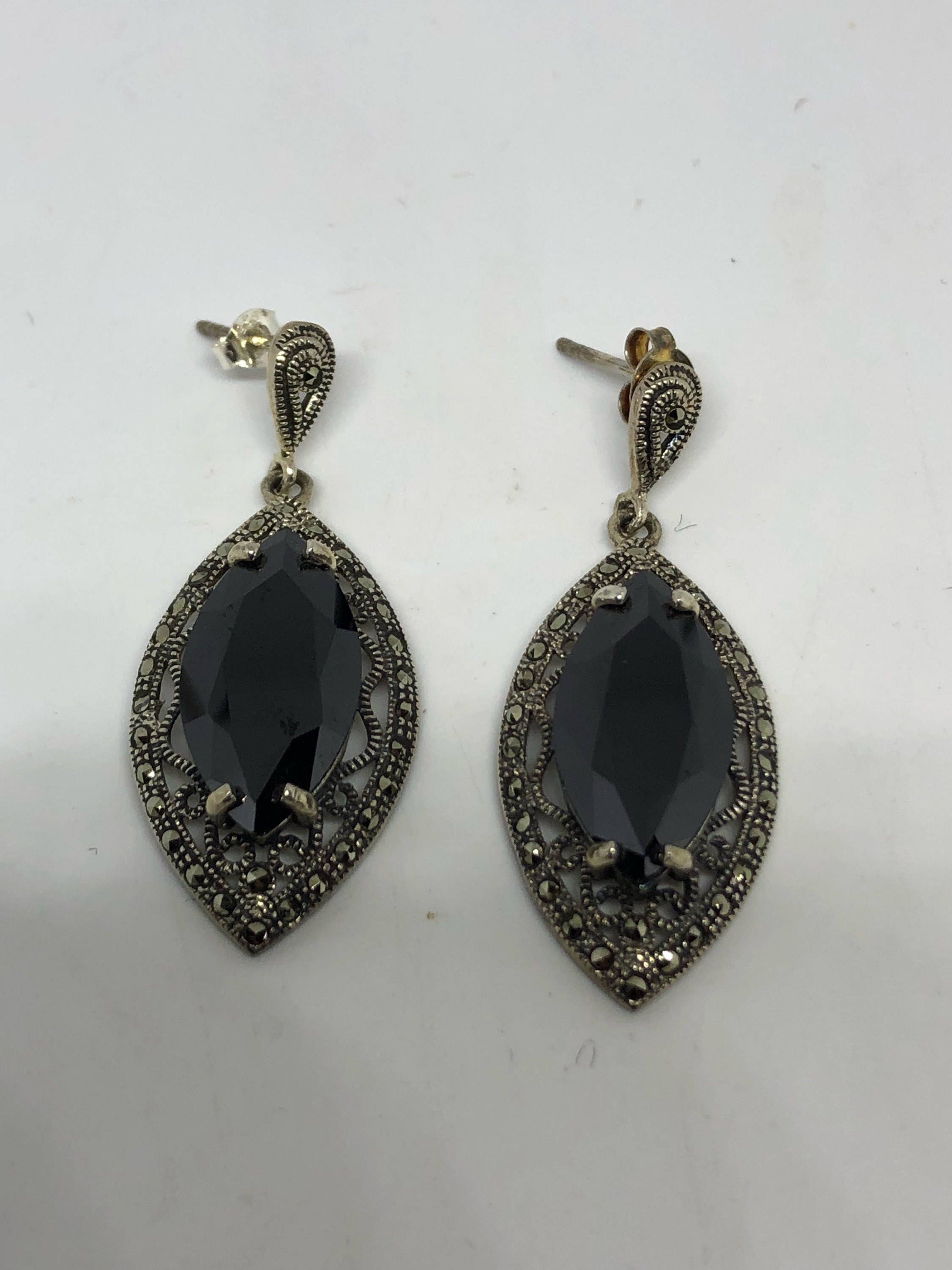 Vintage Faceted Black Onyx 925 Sterling Silver Deco Dangle Earrings
