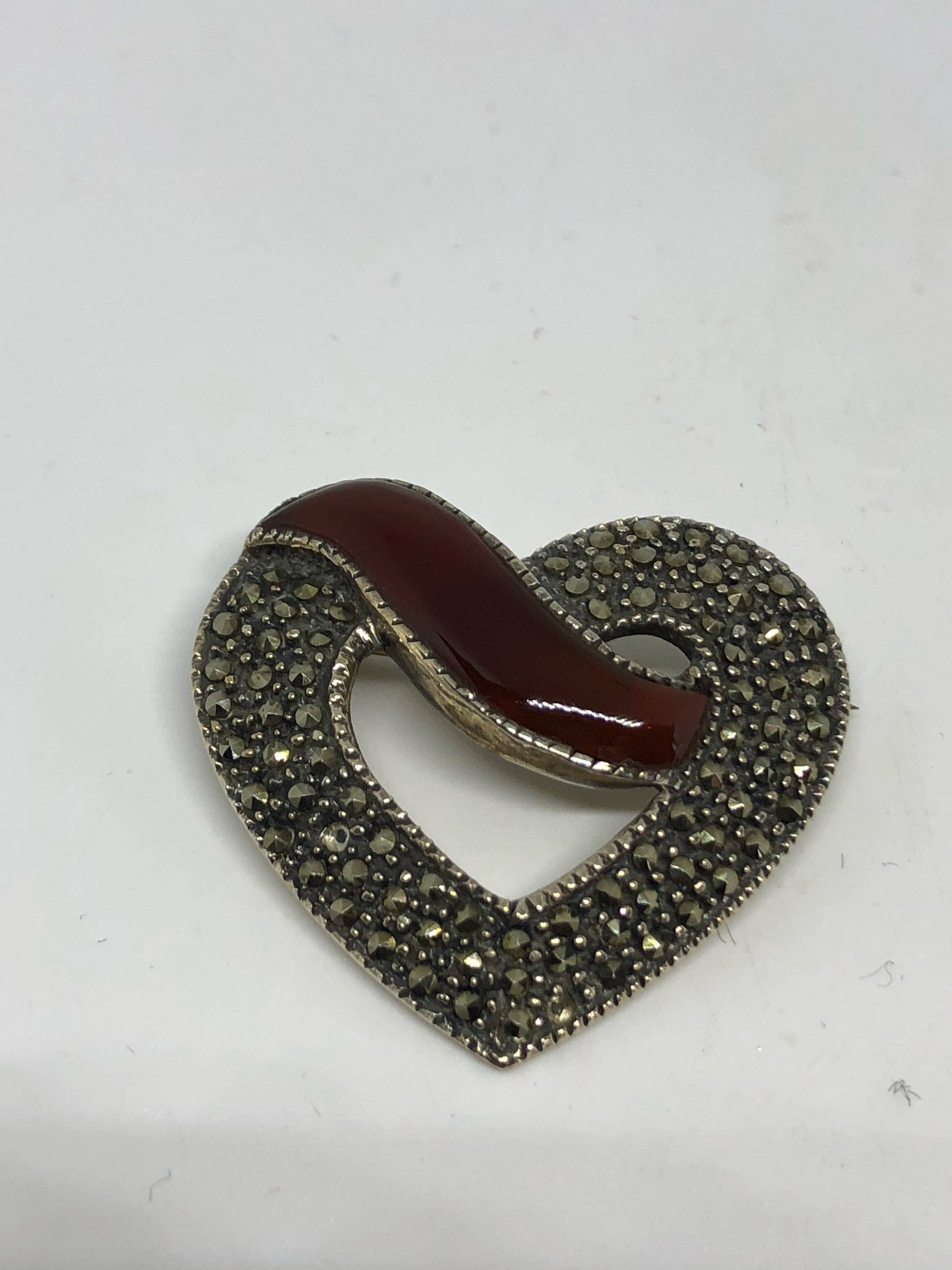 Vintage Handmade Genuine Marcasite 925 Sterling Silver valentine Heart Brooch