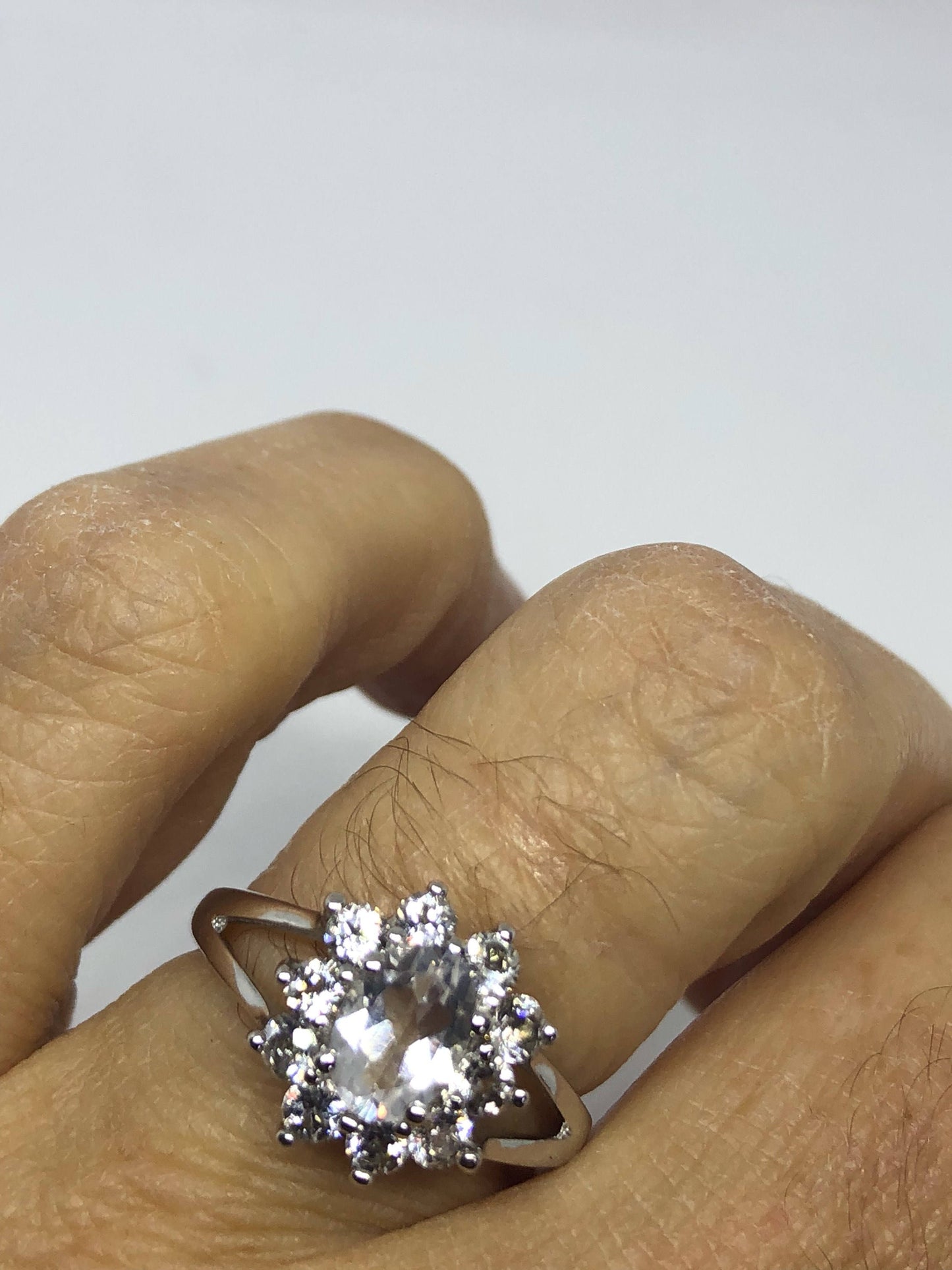 Vintage Clear White Sapphire 925 Sterling Silver Small Cocktail Ring