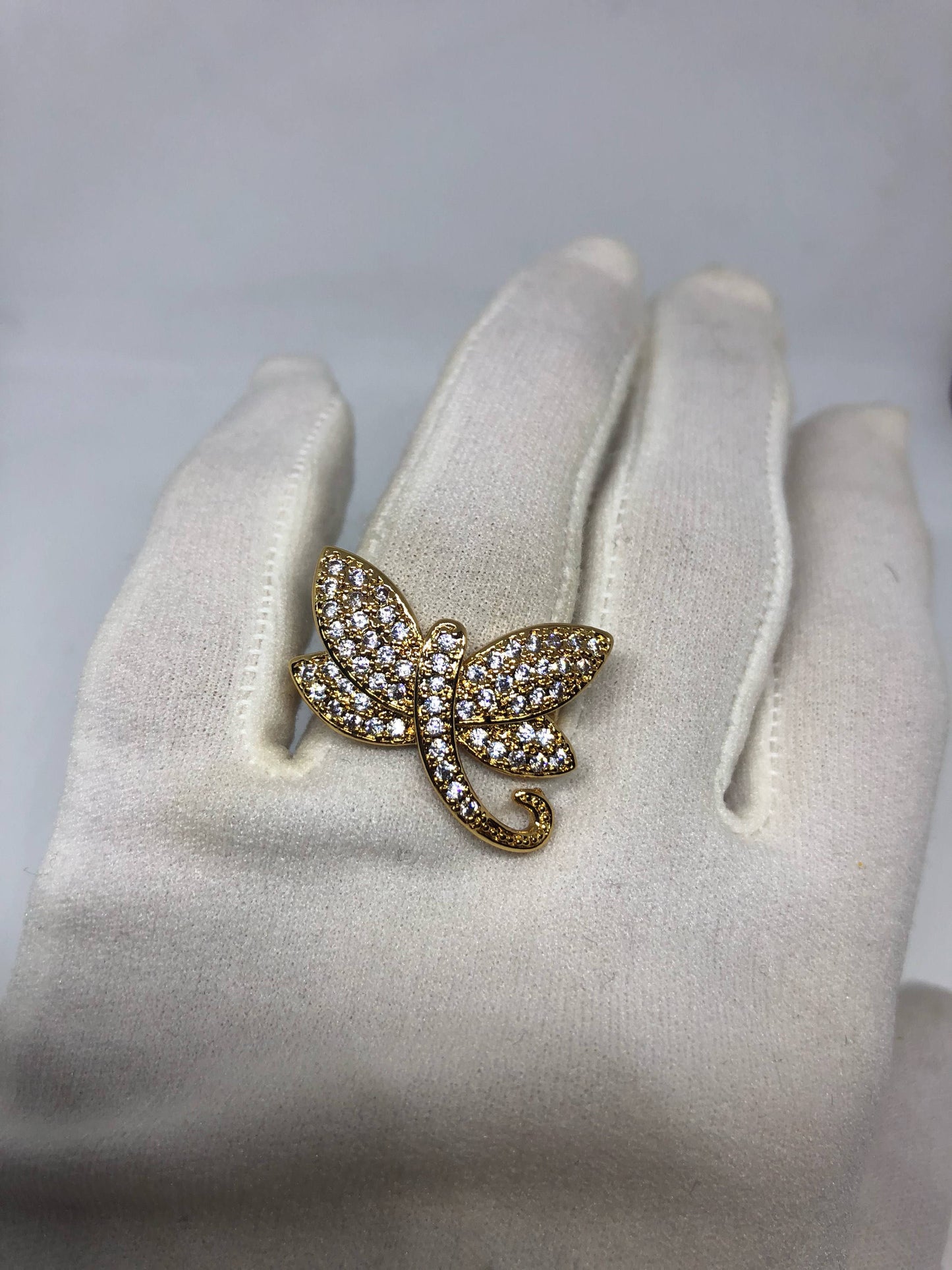 Vintage Clear Crystal Drogonfly Gold Filled Rose Gold Gothic Ring