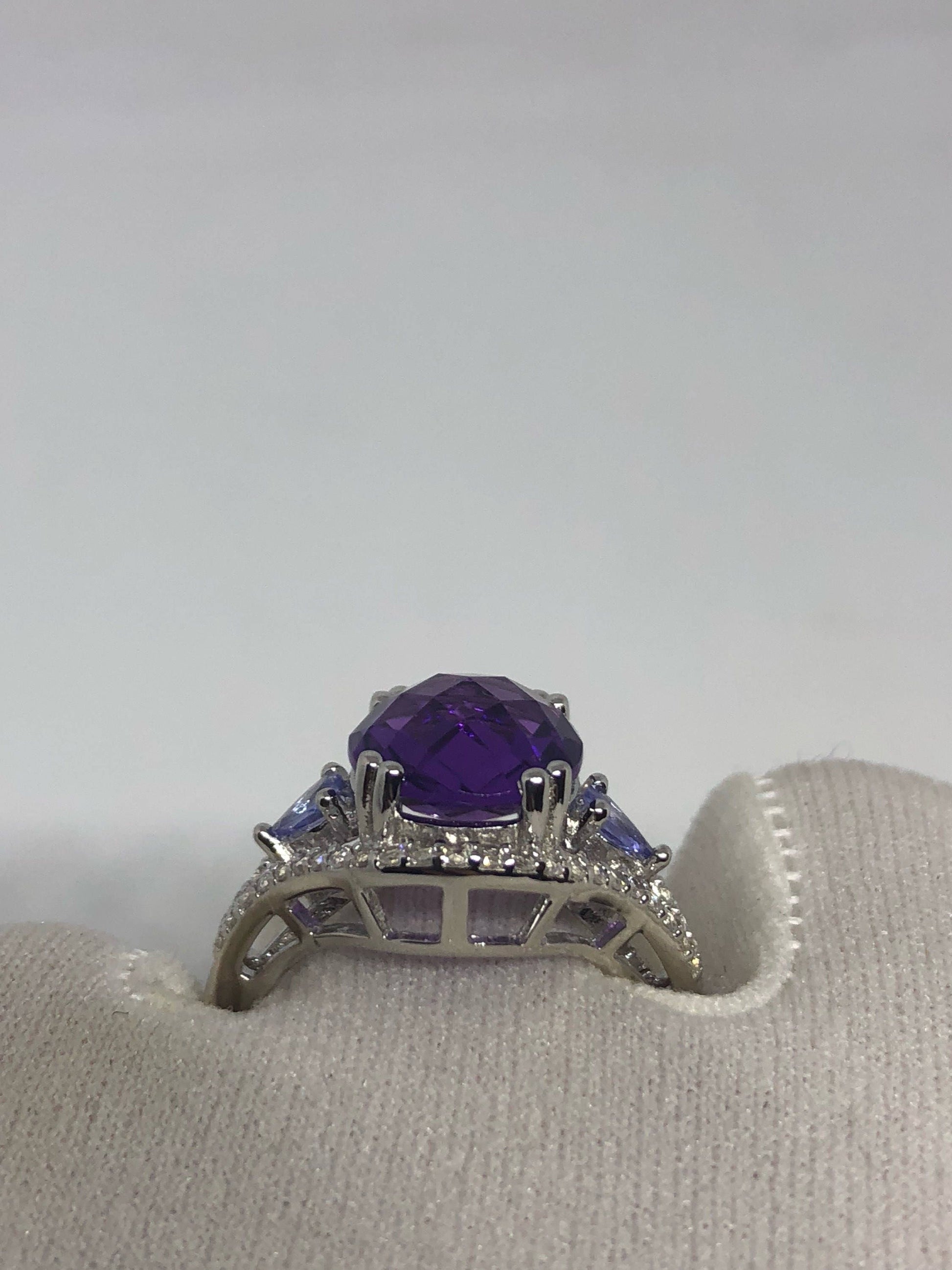 Vintage Genuine Amethyst Blue Tanzanite and White Sapphire 925 Sterling Silver Ring