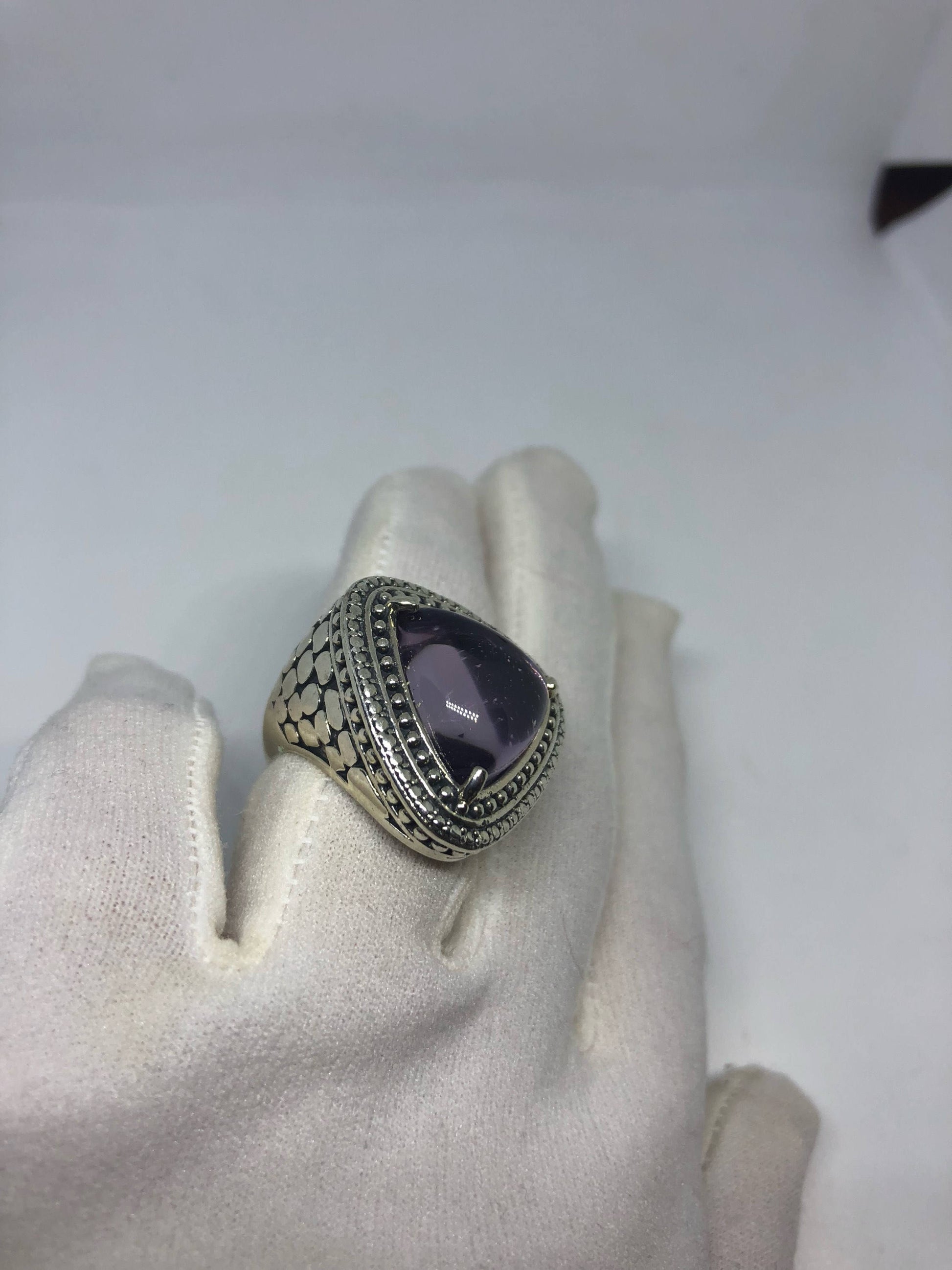 Vintage Handmade Genuine Purple Amethyst Filigree Setting 925 Sterling Silver Gothic Ring.