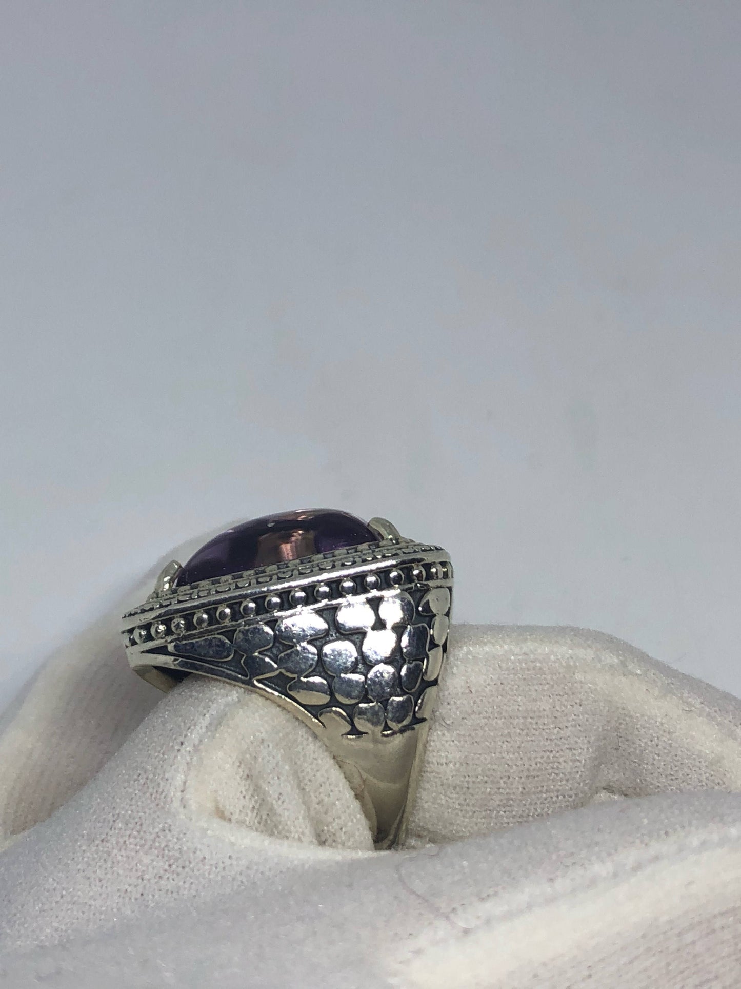 Vintage Handmade Genuine Purple Amethyst Filigree Setting 925 Sterling Silver Gothic Ring.