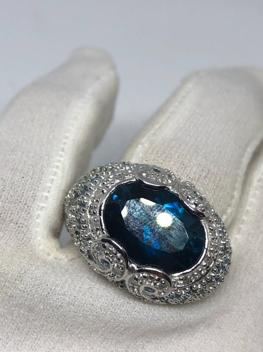 Vintage Genuine London Blue Topaz 925 Sterling Silver Ring